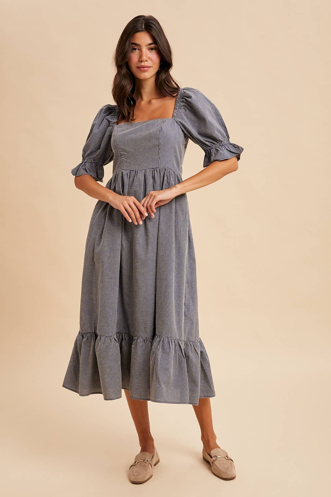 GRID CHECKERED MIDI DRESS