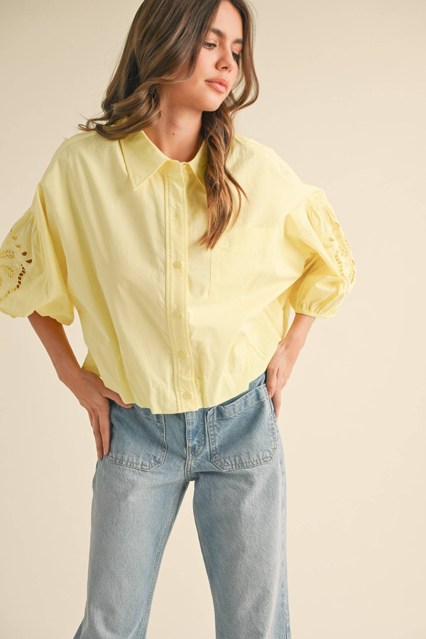 Ellie Cut Out Embroidered Bubble Sleeve Top
