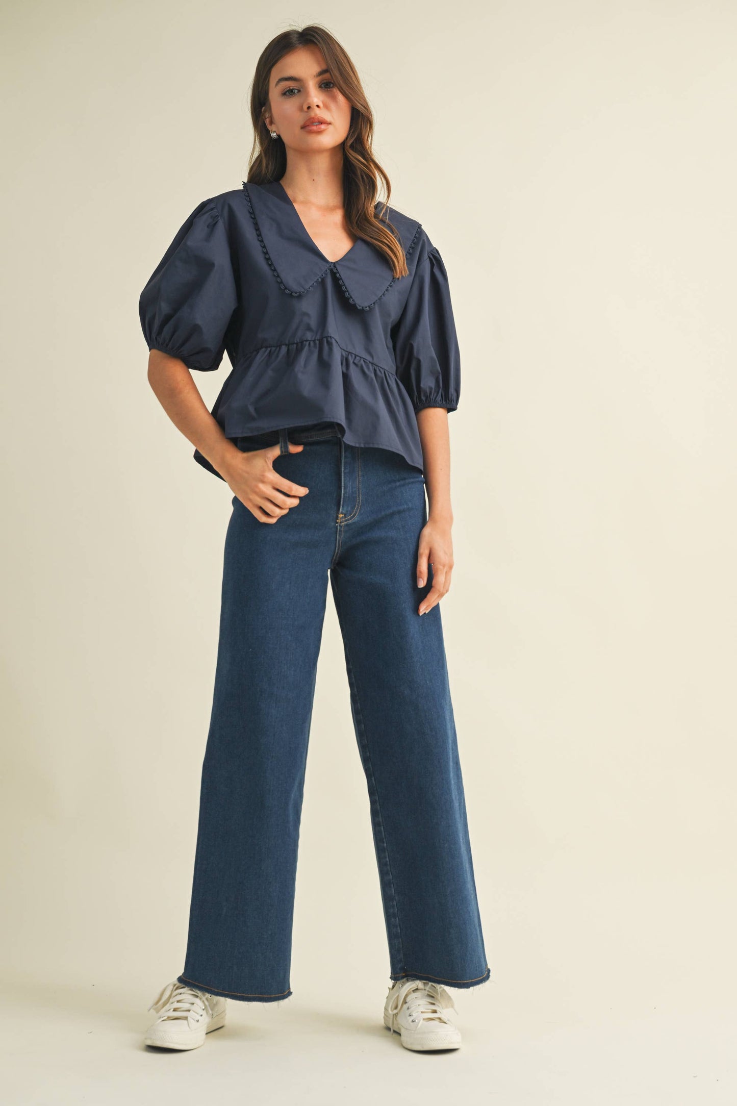 IT4249 PUFF SLEEVES OVERSIZED COLLAR TOP BLOUSE