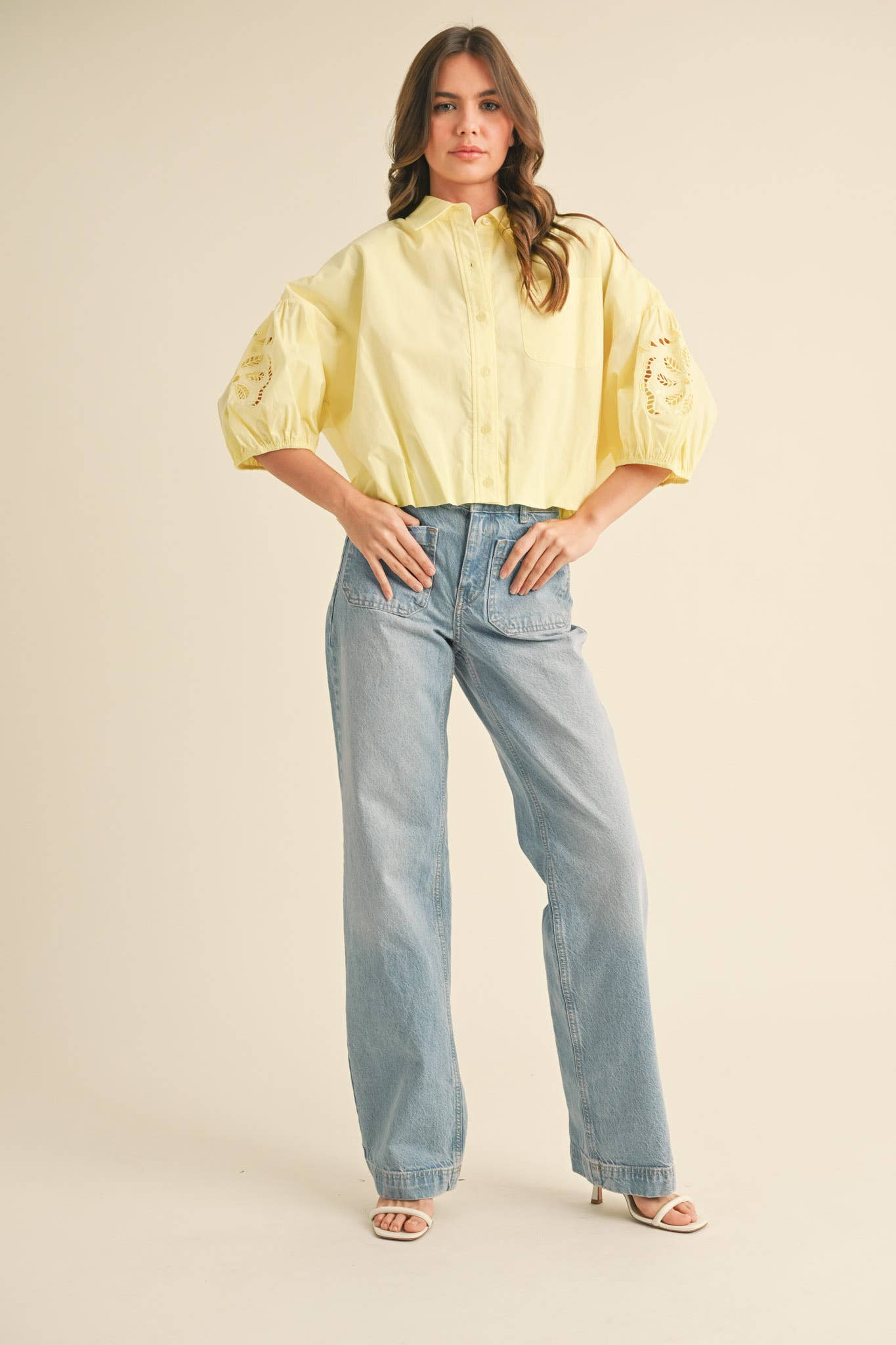 Ellie Cut Out Embroidered Bubble Sleeve Top