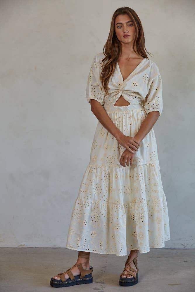 L7862 | Woven Cotton Embroidered Front Twist Midi Dress