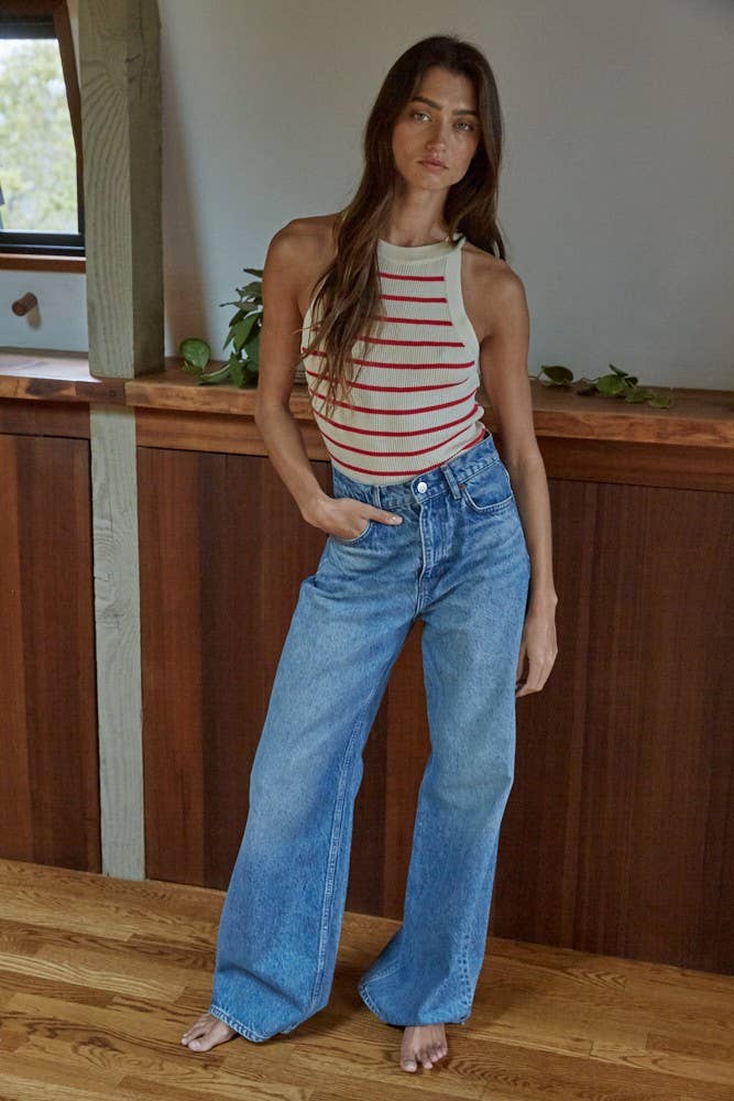 W1651 | Knit Sweater Ribbed Striped Tank Top