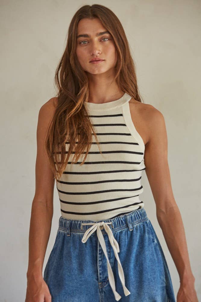 W1651 | Knit Sweater Ribbed Striped Tank Top
