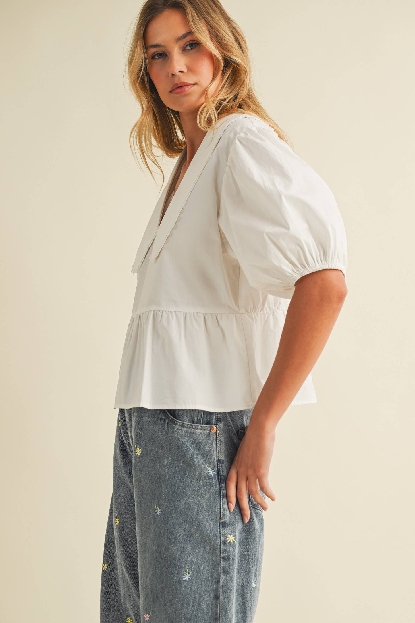 IT4249 PUFF SLEEVES OVERSIZED COLLAR TOP BLOUSE
