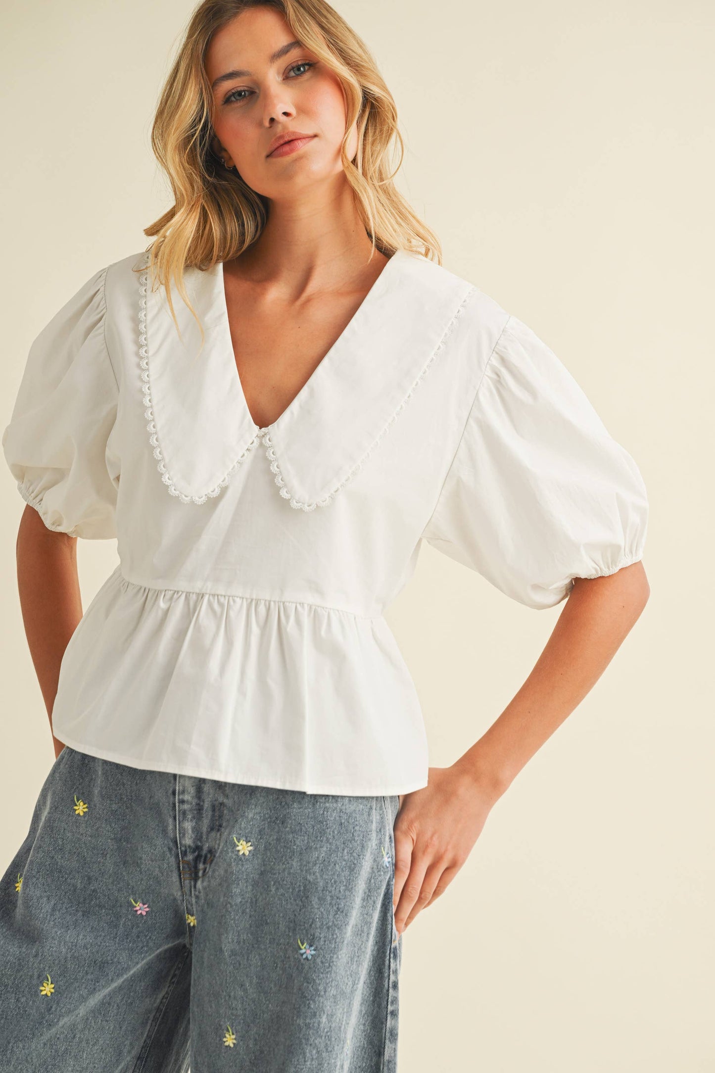 IT4249 PUFF SLEEVES OVERSIZED COLLAR TOP BLOUSE