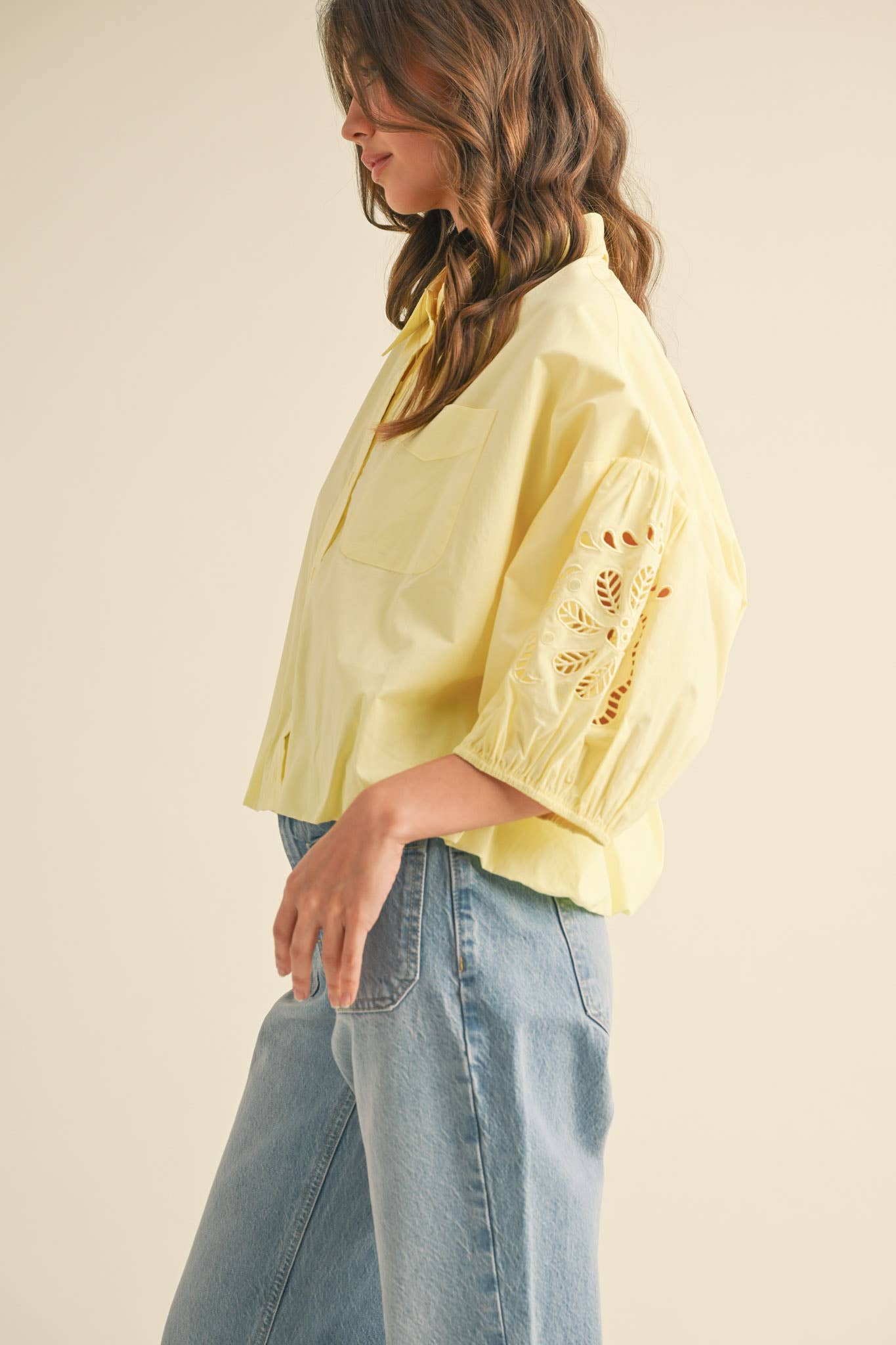 Ellie Cut Out Embroidered Bubble Sleeve Top