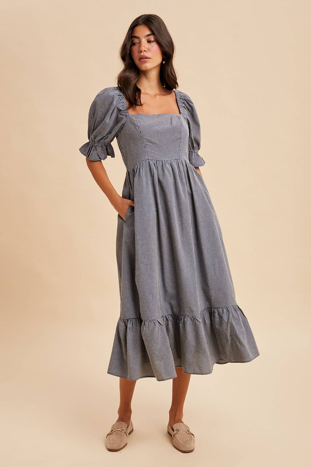 GRID CHECKERED MIDI DRESS