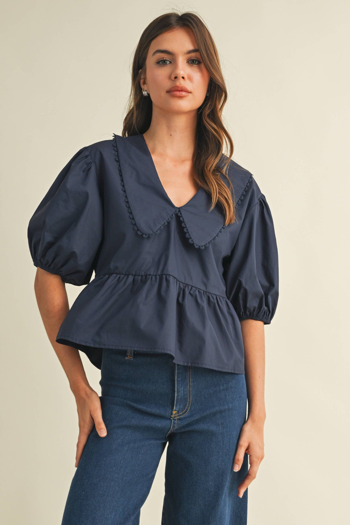 IT4249 PUFF SLEEVES OVERSIZED COLLAR TOP BLOUSE