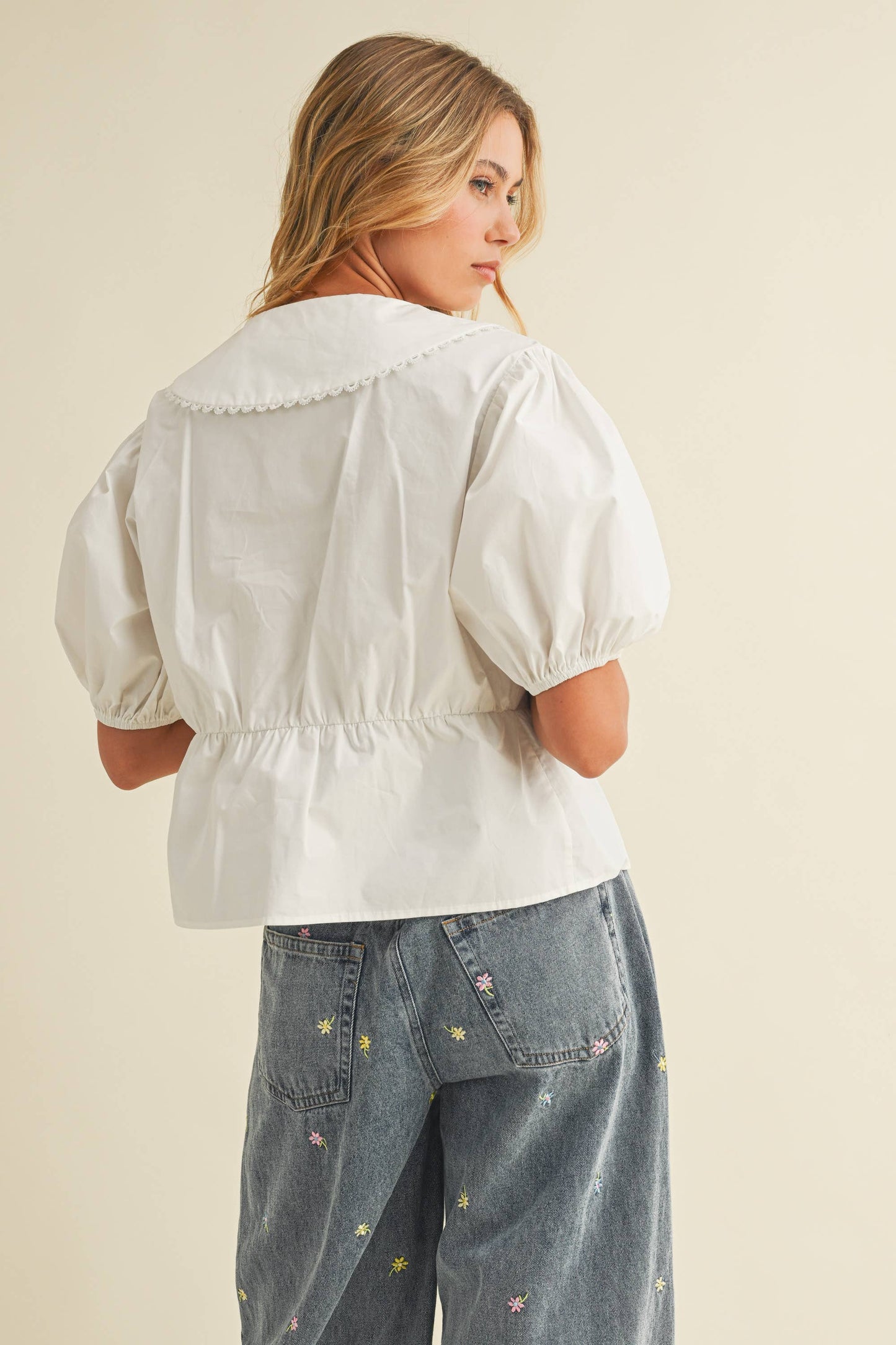 IT4249 PUFF SLEEVES OVERSIZED COLLAR TOP BLOUSE