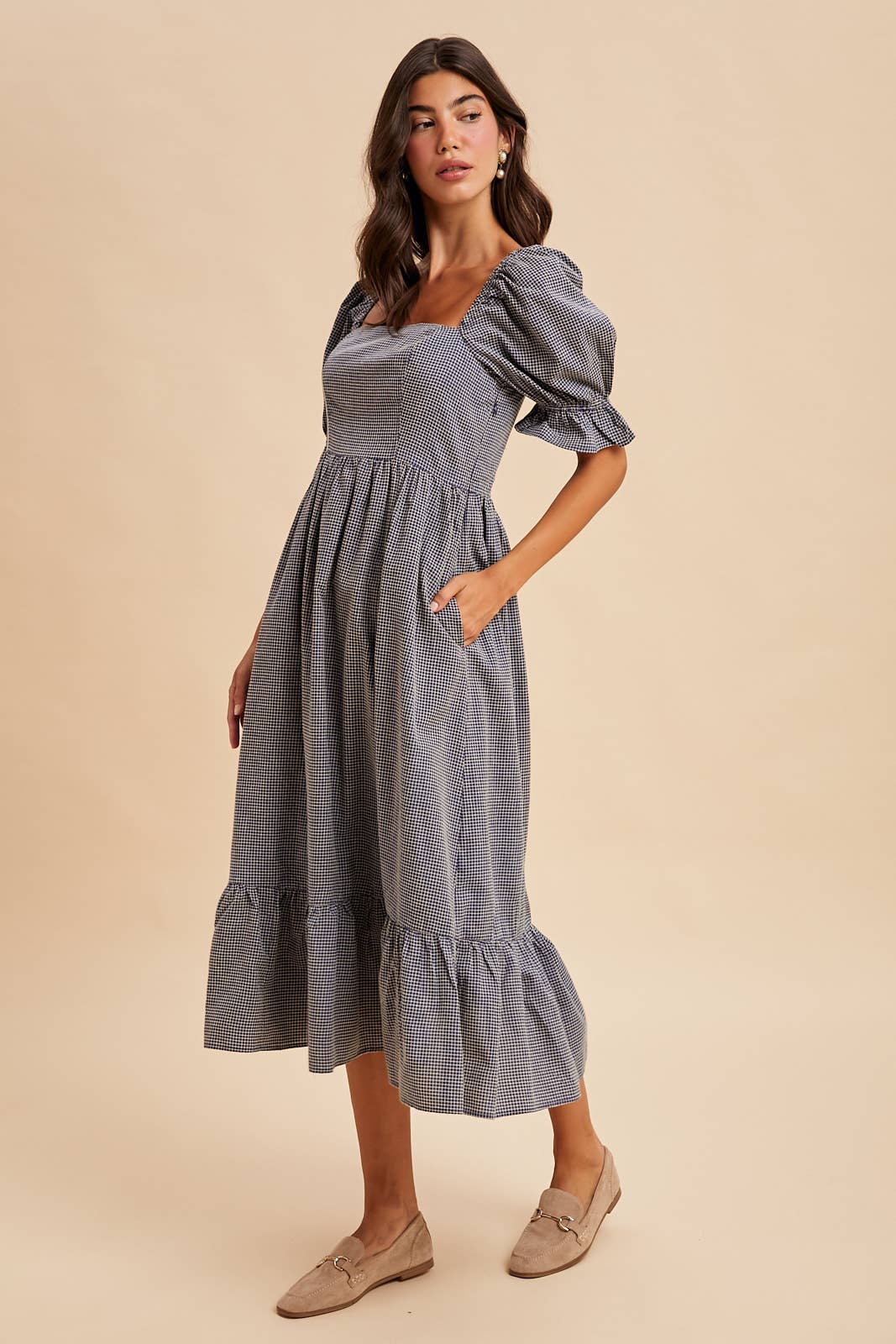 GRID CHECKERED MIDI DRESS