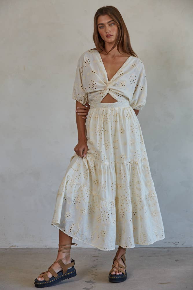 L7862 | Woven Cotton Embroidered Front Twist Midi Dress