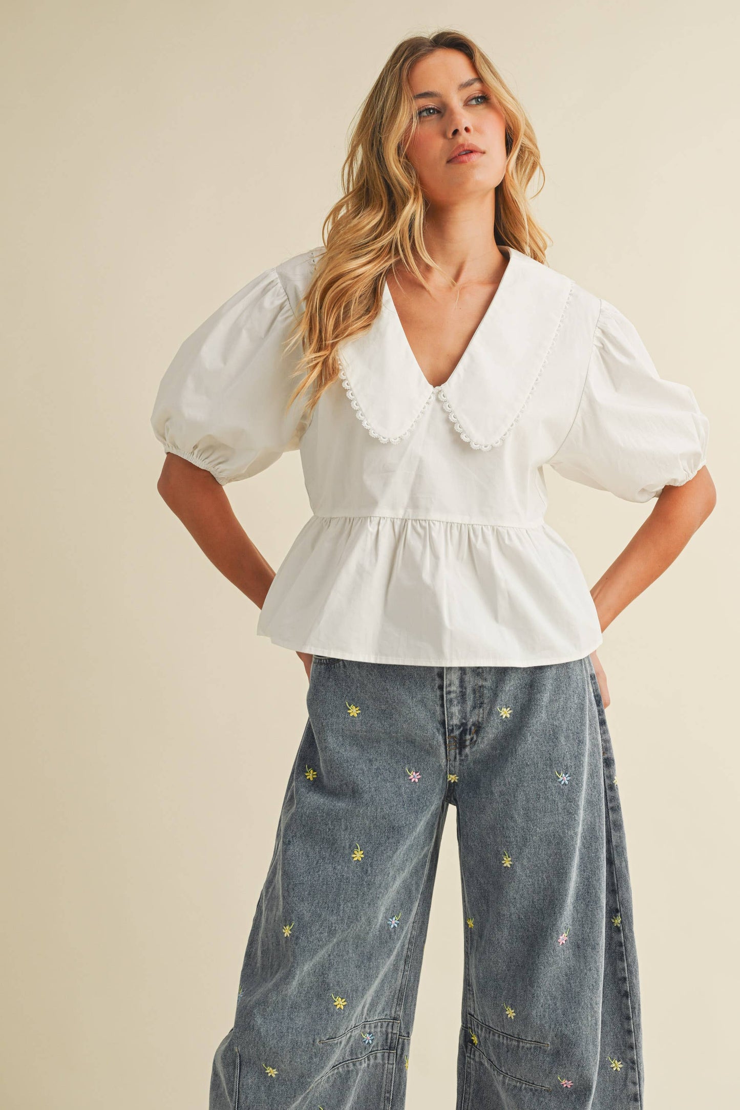 IT4249 PUFF SLEEVES OVERSIZED COLLAR TOP BLOUSE