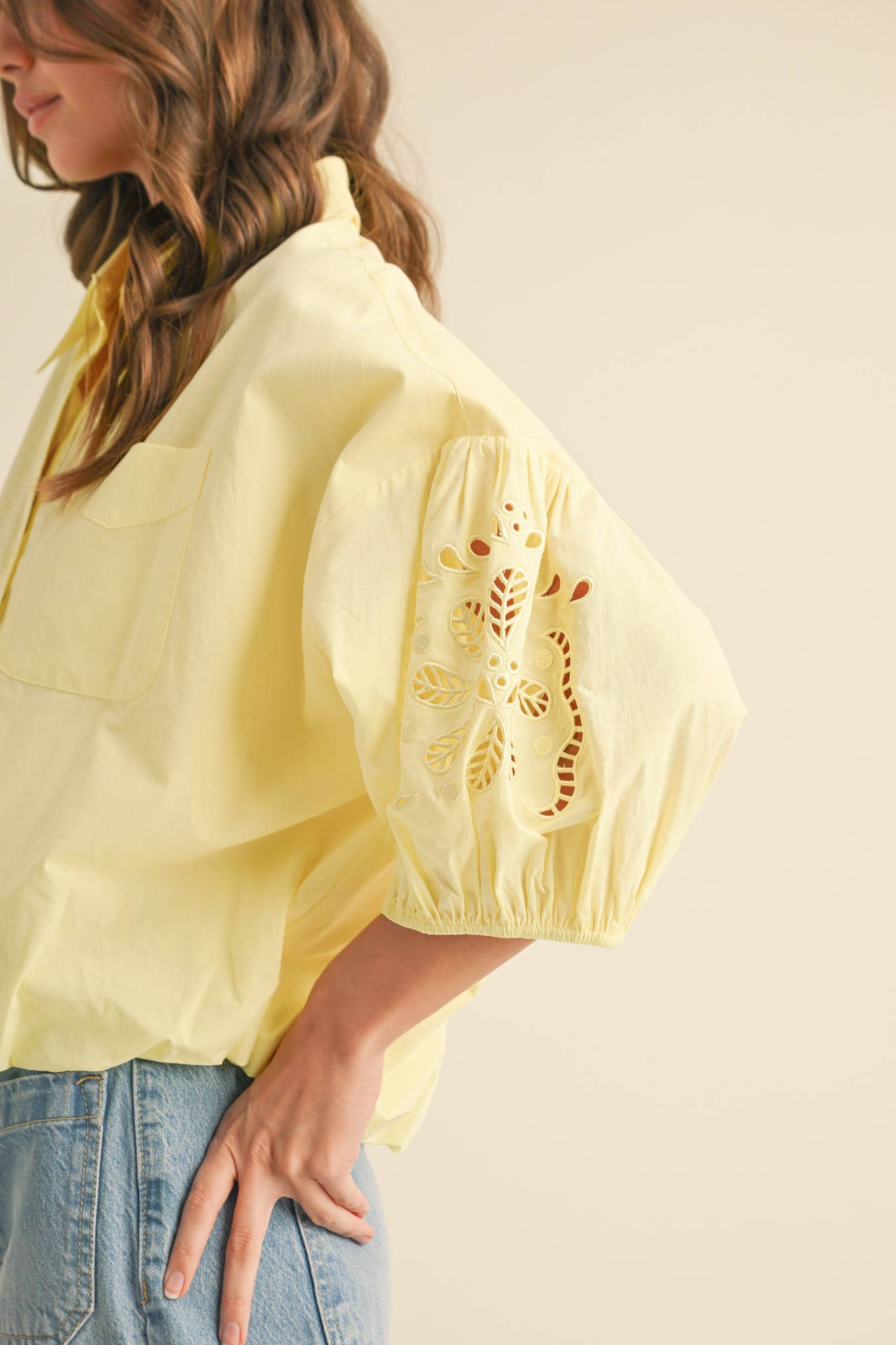 Ellie Cut Out Embroidered Bubble Sleeve Top
