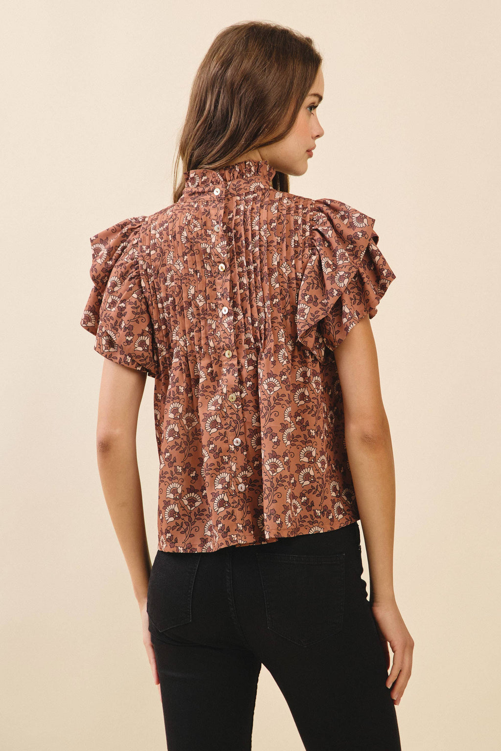 Floral Print Pintuck Detail Mock Neck Top