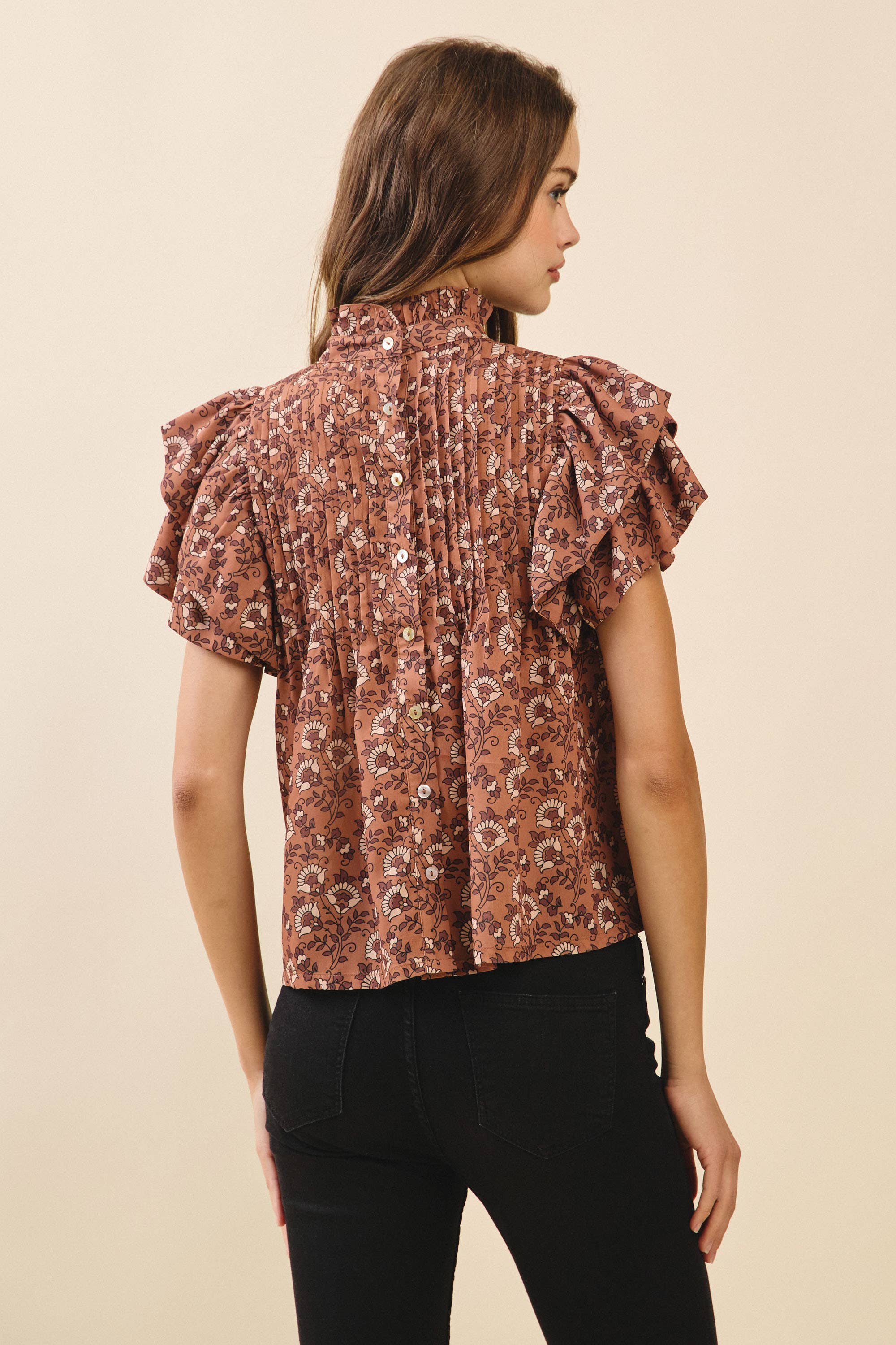 Floral Print Pintuck Detail Mock Neck Top
