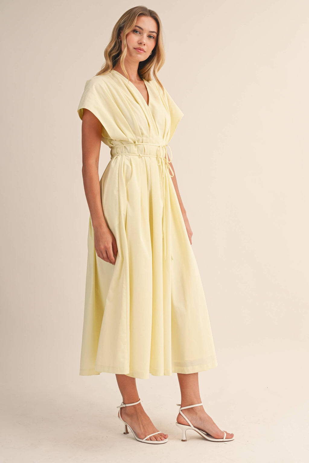 IDA1035 POPLIN SHORT SLV PLEATED DETAIL BELTED MAXI DRESS