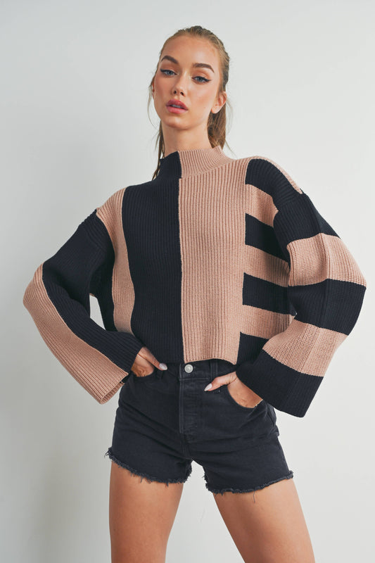 Color Block Mock Turtleneck Sweater