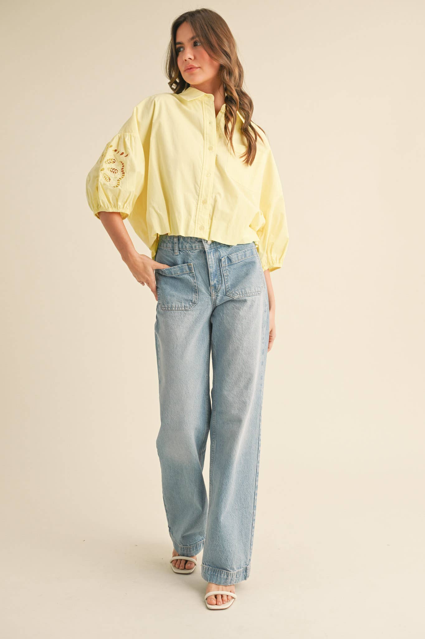 Ellie Cut Out Embroidered Bubble Sleeve Top