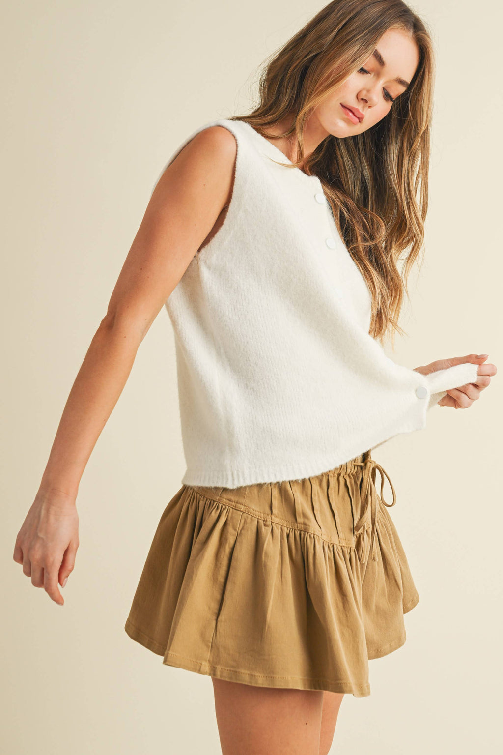 Ecru Button Front Sleeveless Top