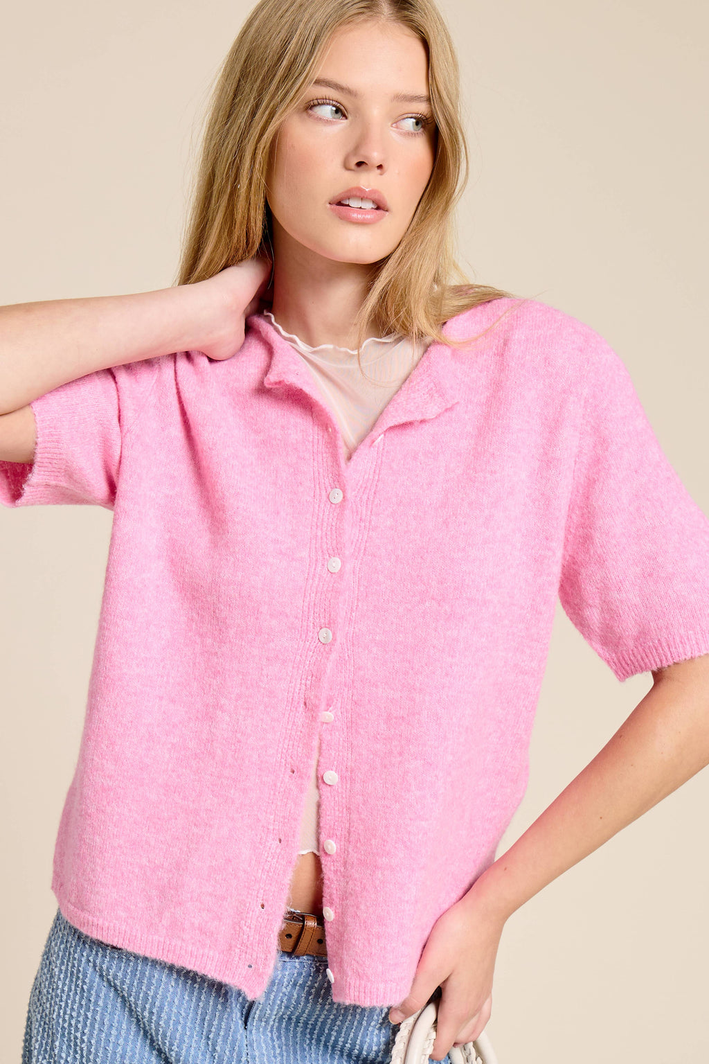 Short Sleeve Button Down Cardigan Top