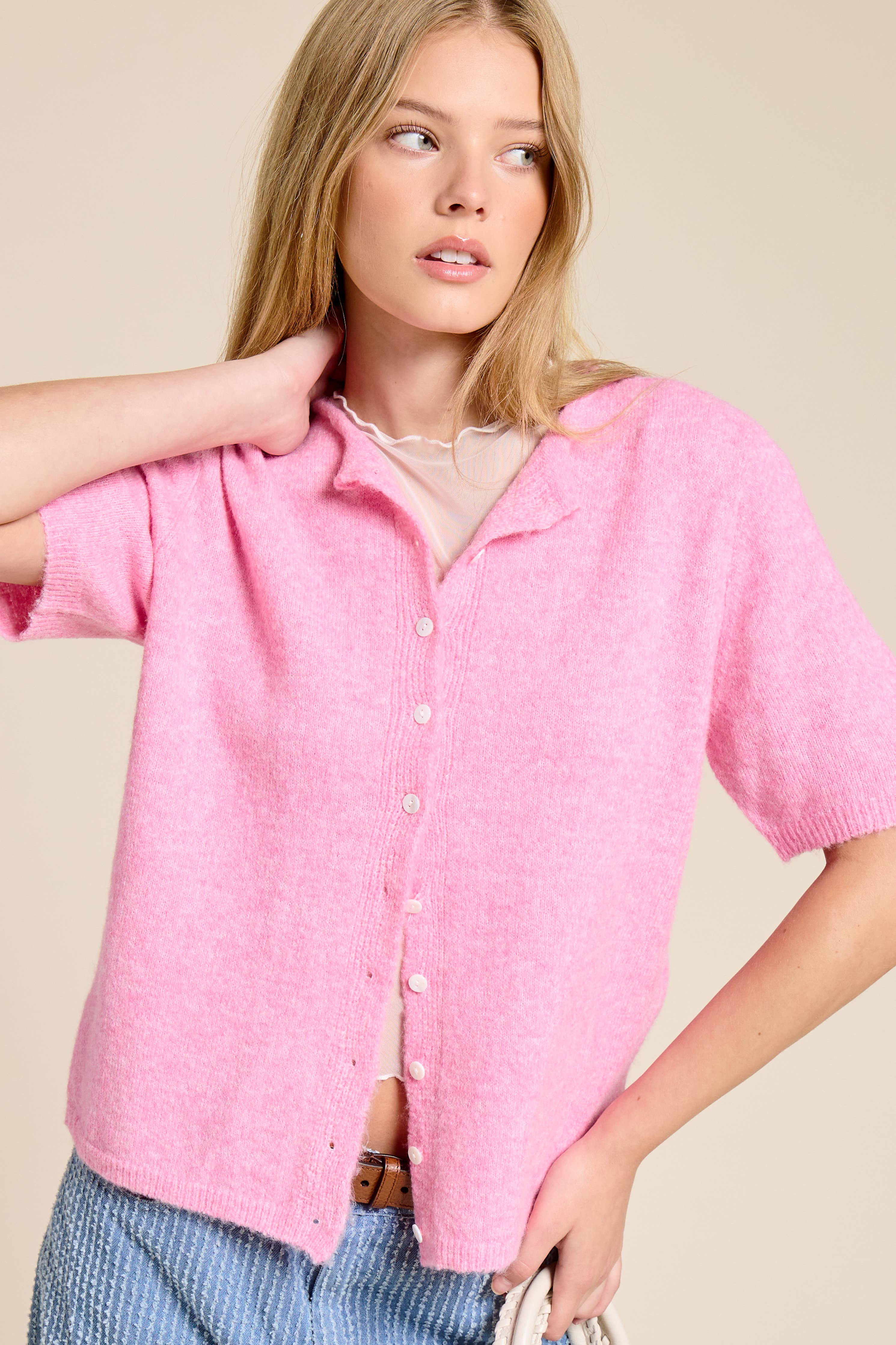 Short Sleeve Button Down Cardigan Top