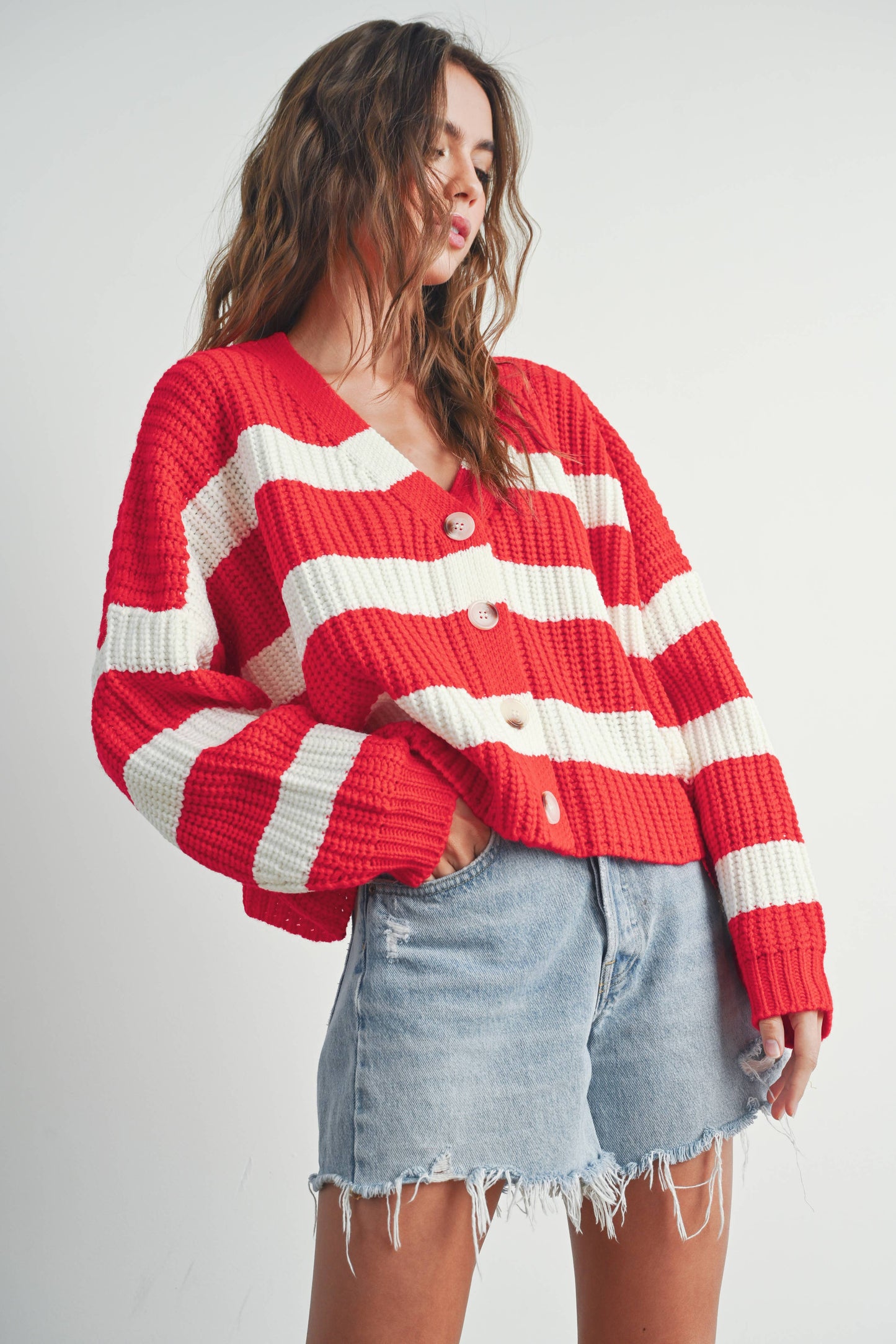 RED STRIPED V-NECK CARDIGAN WITH BUTTONS