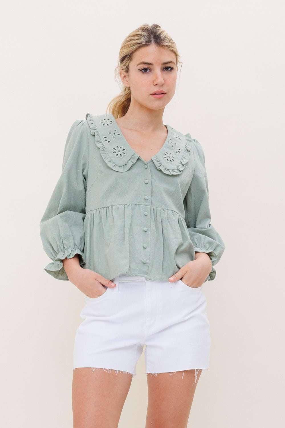 Ethel 3/4th Sleeve Top with Collar and Buttons