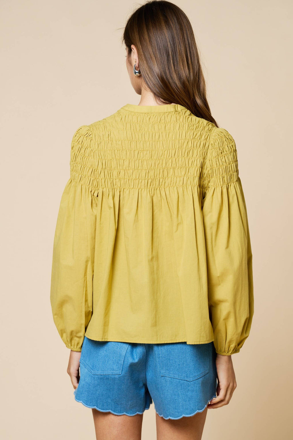 Smocked Bubble Sleeve Button Down Blouse
