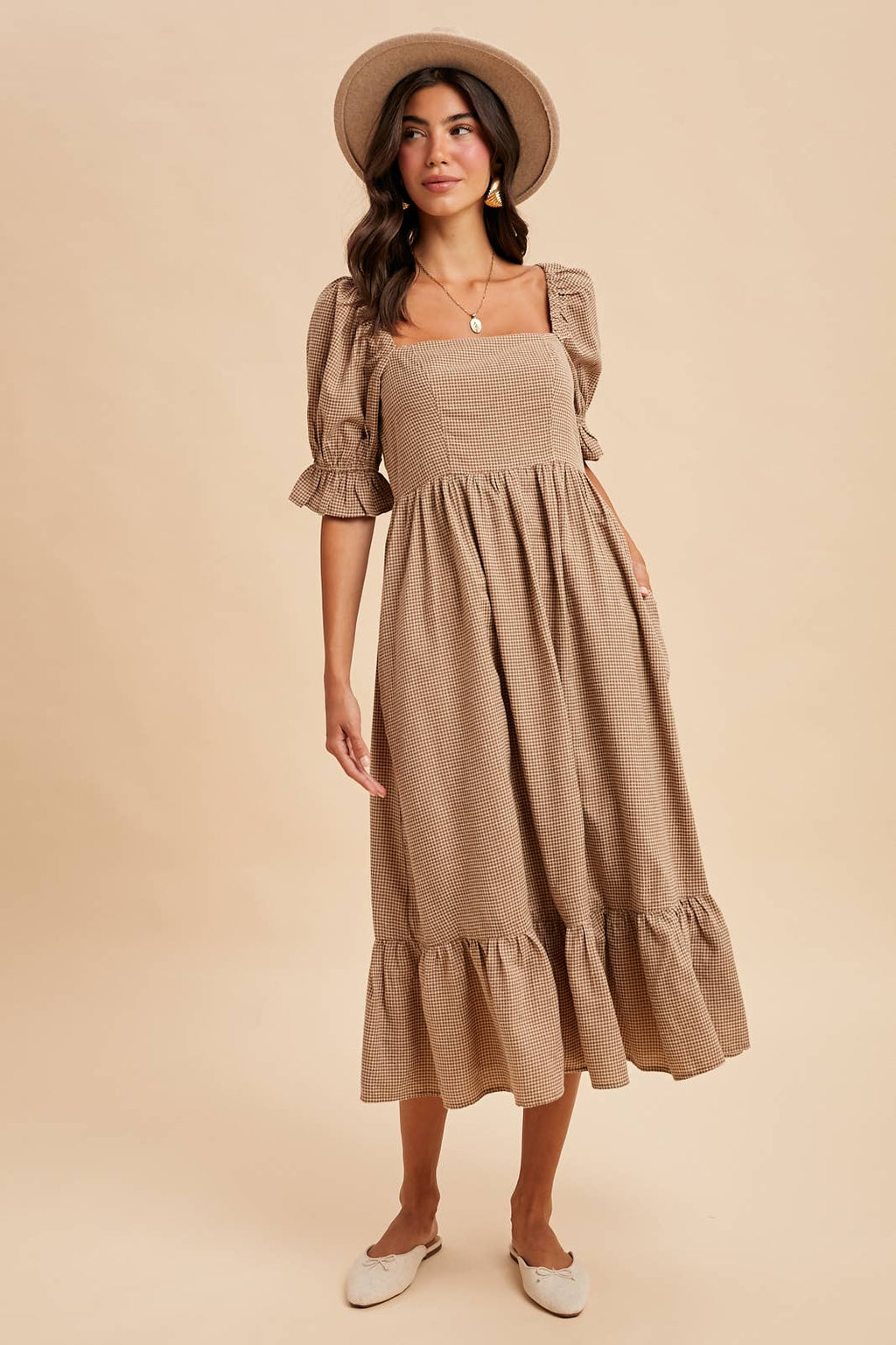 GRID CHECKERED MIDI DRESS