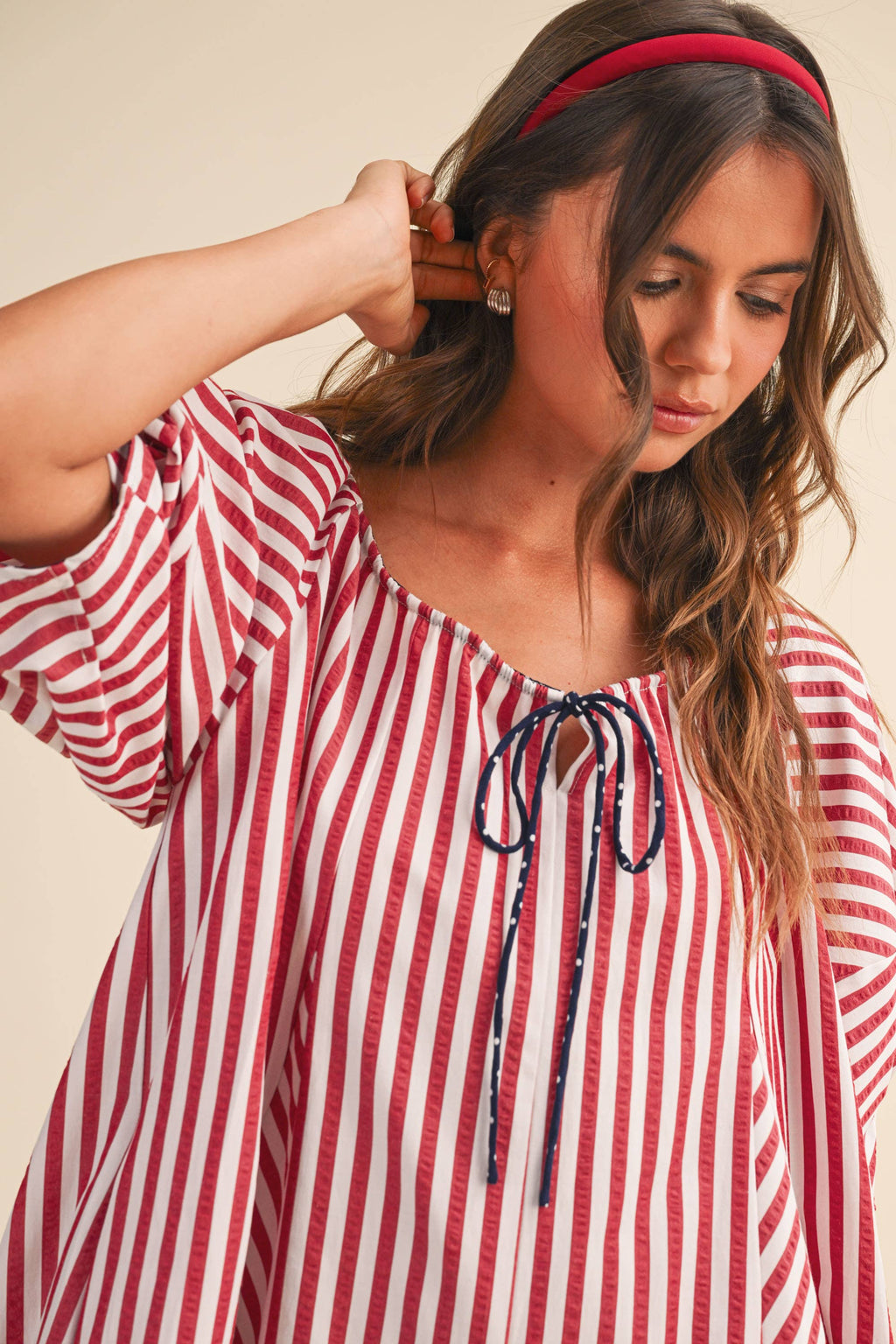 IR2141-K AMERICAN STRIPED OVERSIZED SCOOPNECK PUFF SLEEVE RO