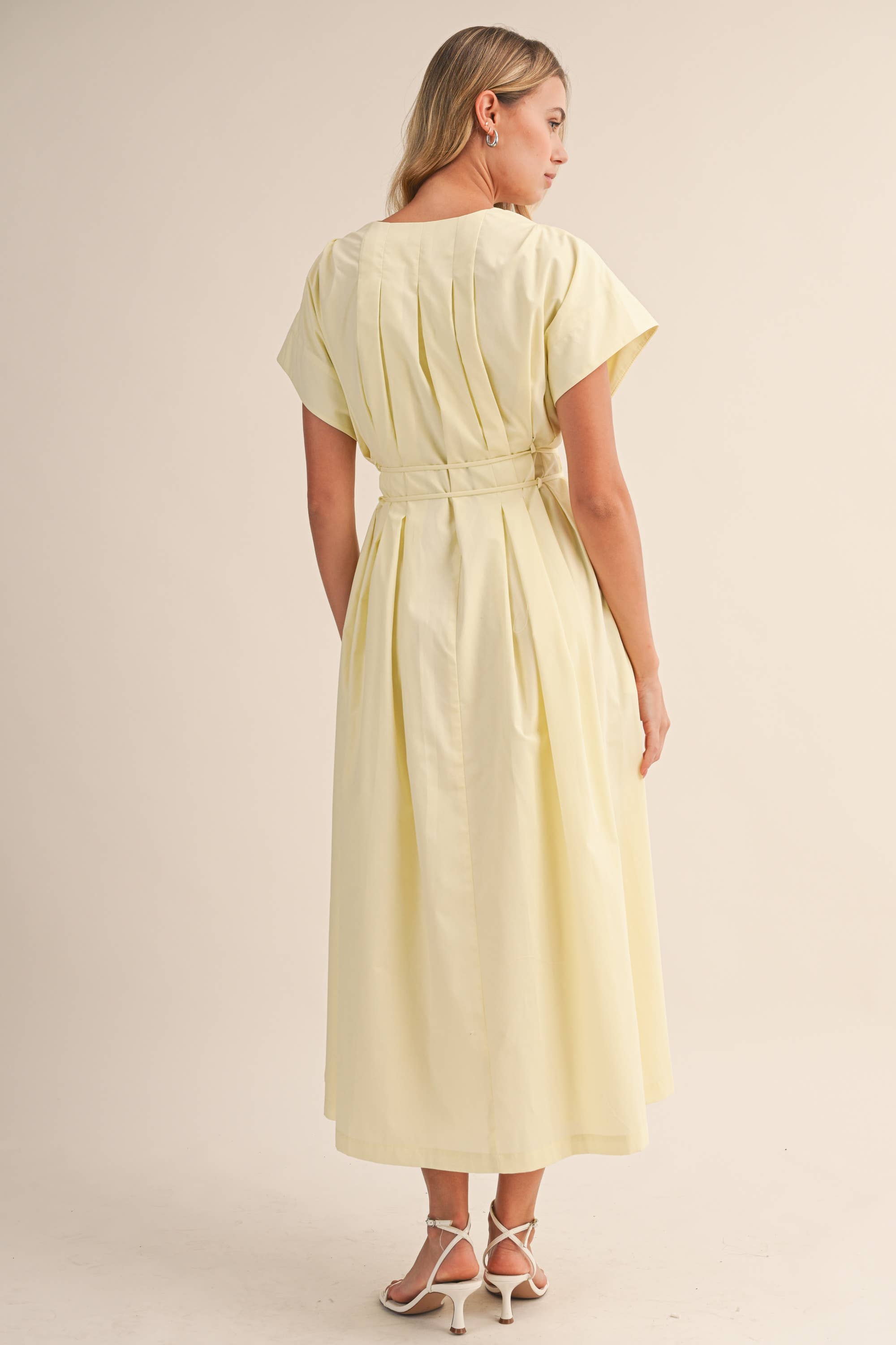 IDA1035 POPLIN SHORT SLV PLEATED DETAIL BELTED MAXI DRESS
