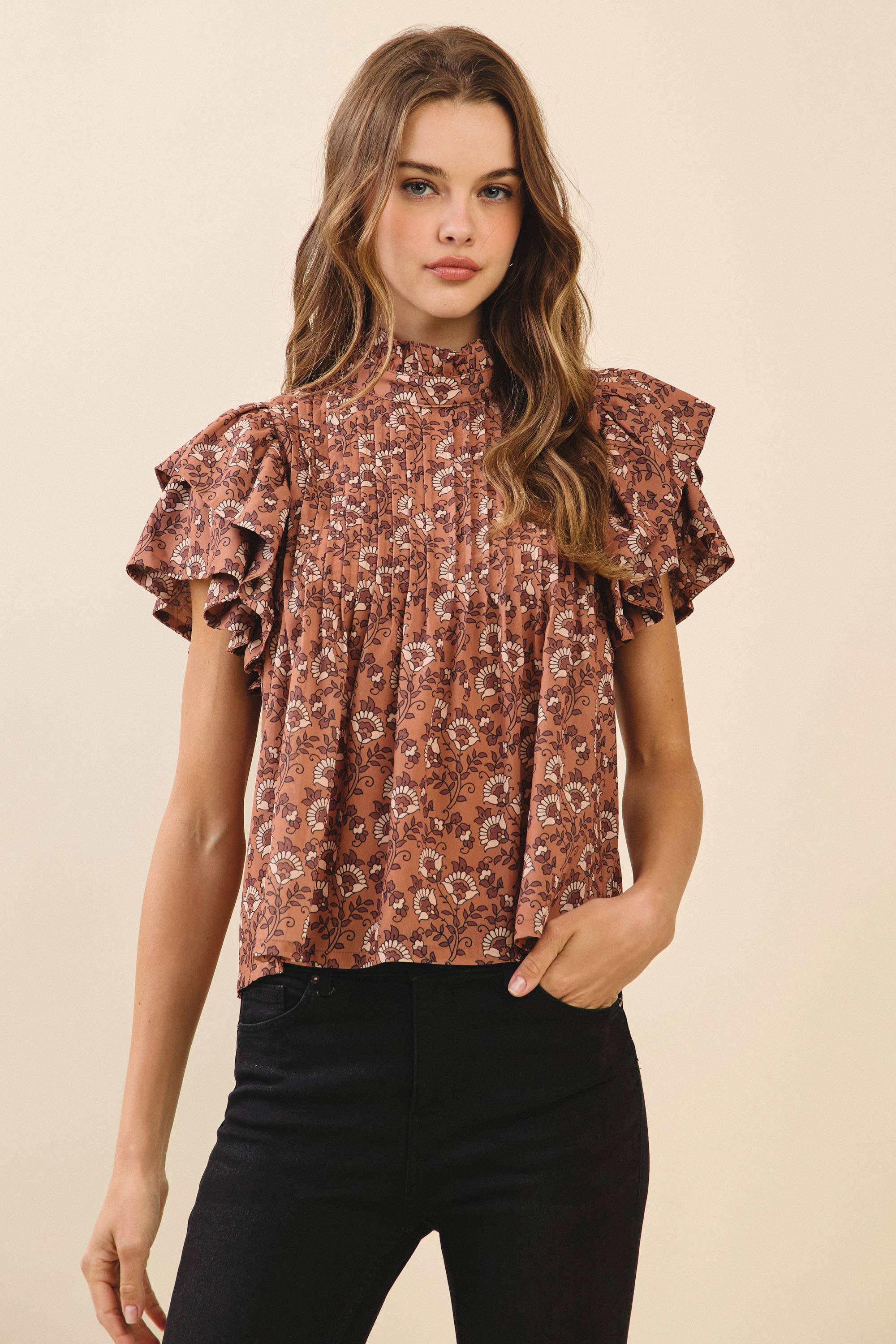 Floral Print Pintuck Detail Mock Neck Top