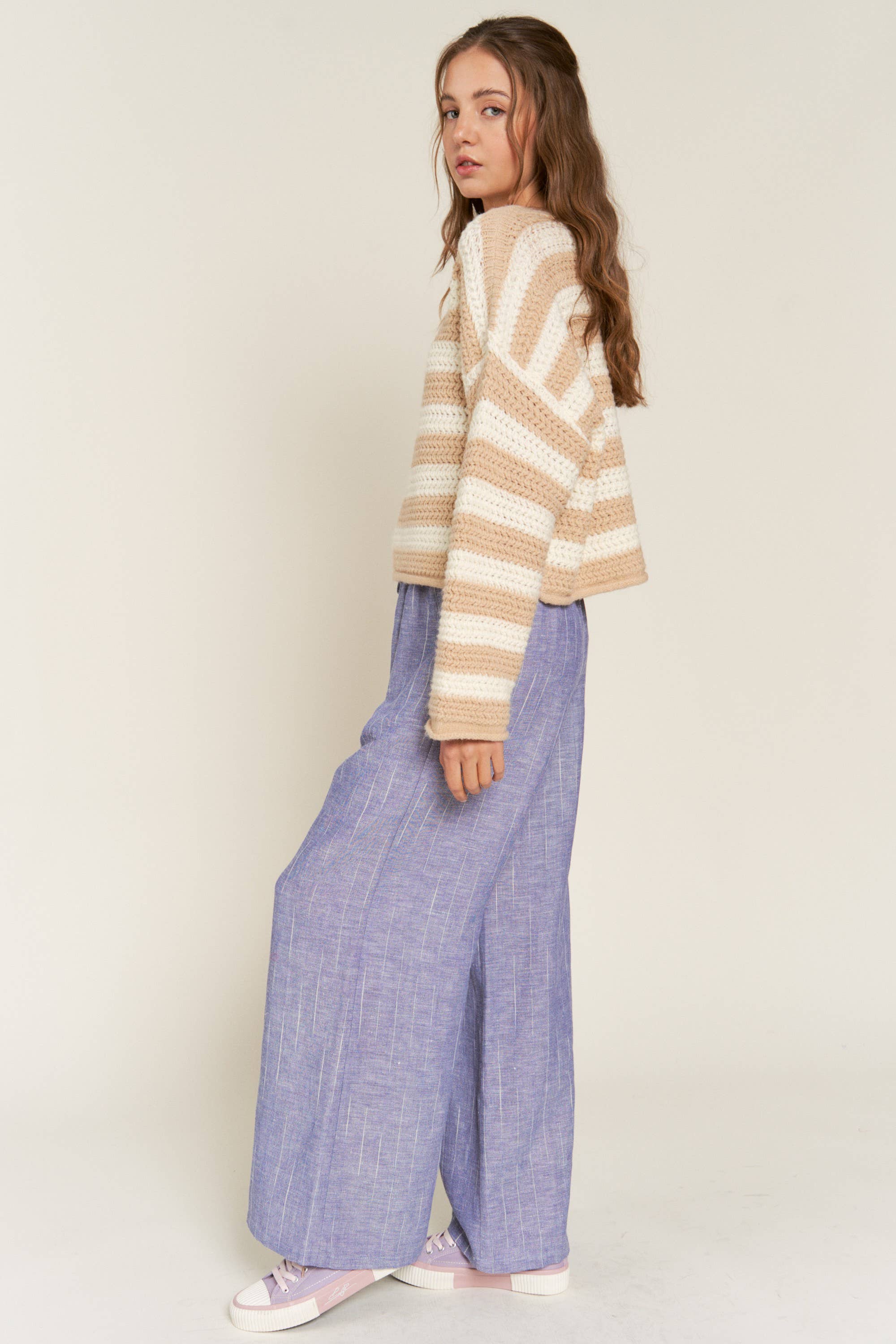 Eberdeen Beige Striped Knit Sweater
