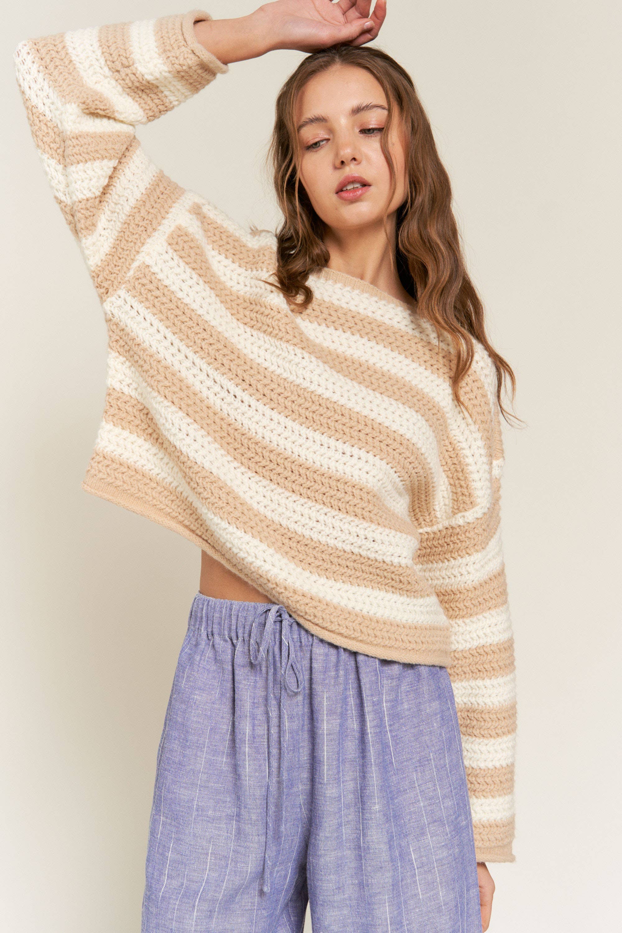 Eberdeen Beige Striped Knit Sweater