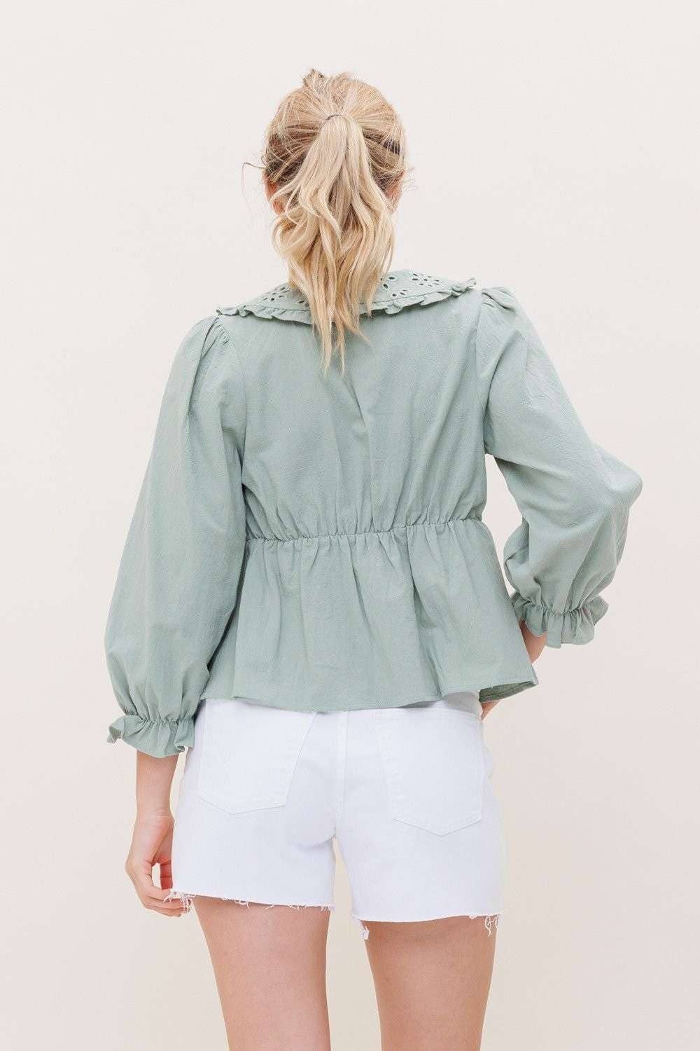 Ethel 3/4th Sleeve Top with Collar and Buttons