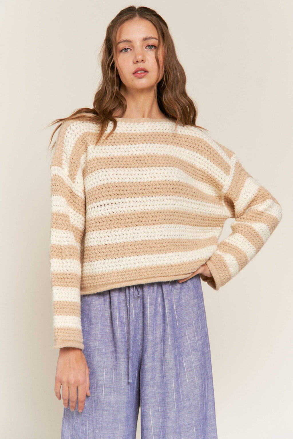 Eberdeen Beige Striped Knit Sweater