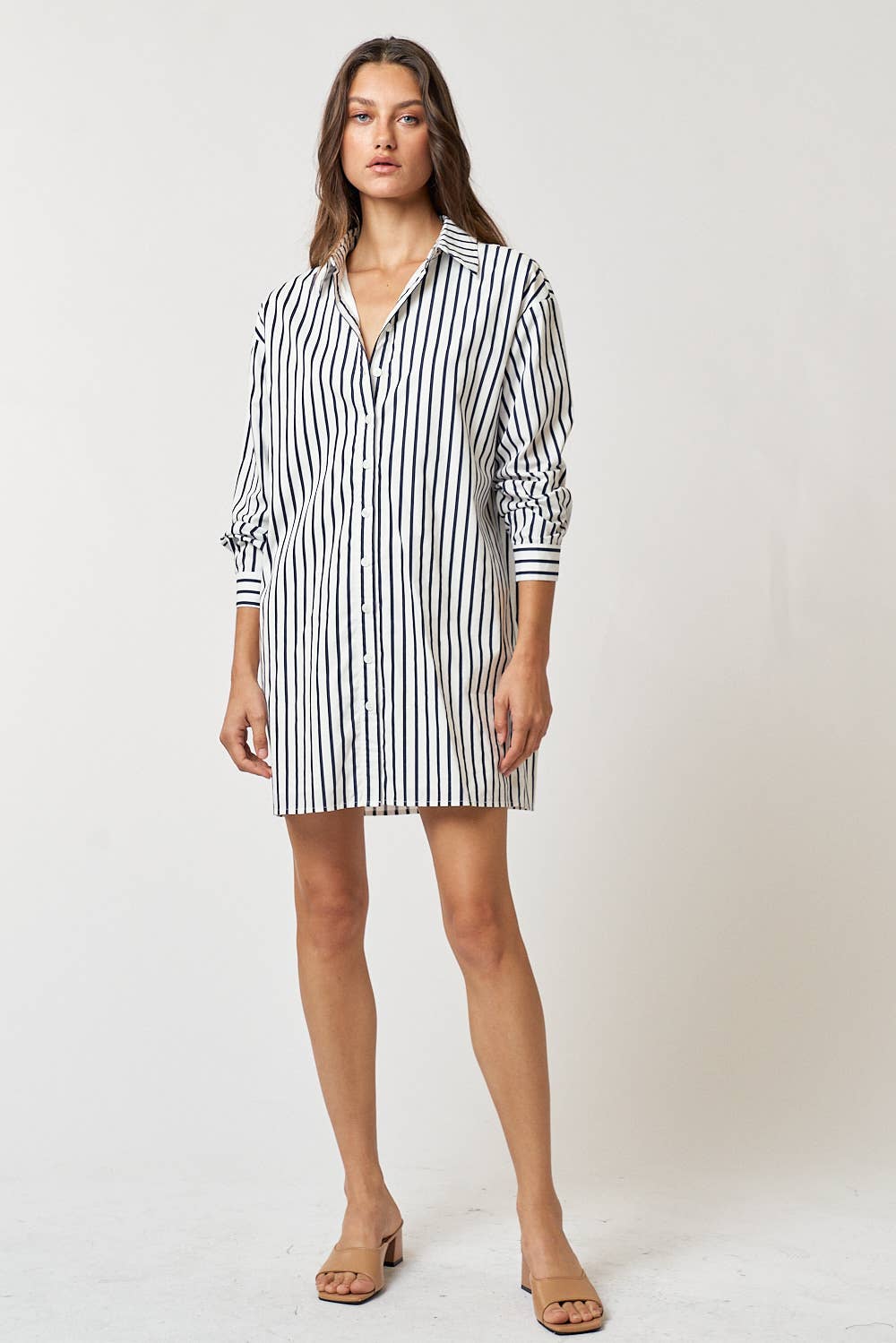 Striped Collar Button Up Shirt Mini Dress, Navy/White