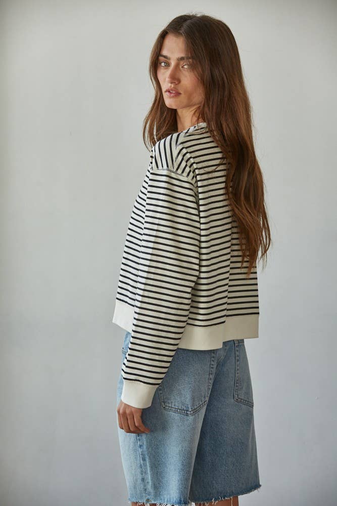 Elinor Knit Cotton Striped Crew Neck Long Sleeve Top