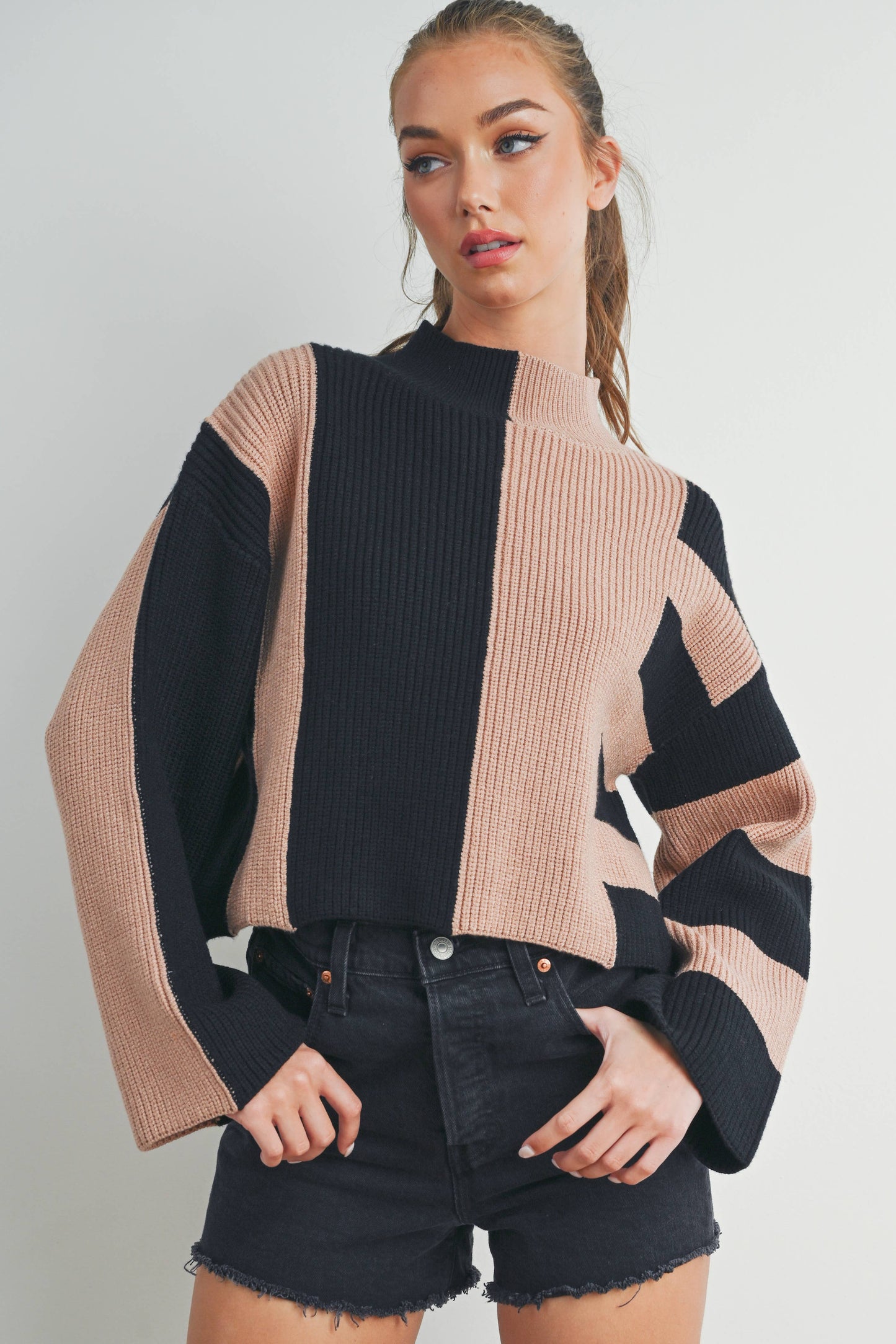 Color Block Mock Turtleneck Sweater