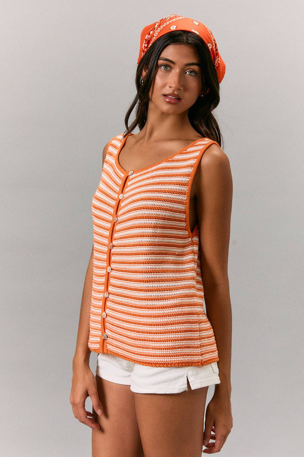 BOAT NECK SLEEVELESS BUTTON FRONT CROCHET EFFECT TOP