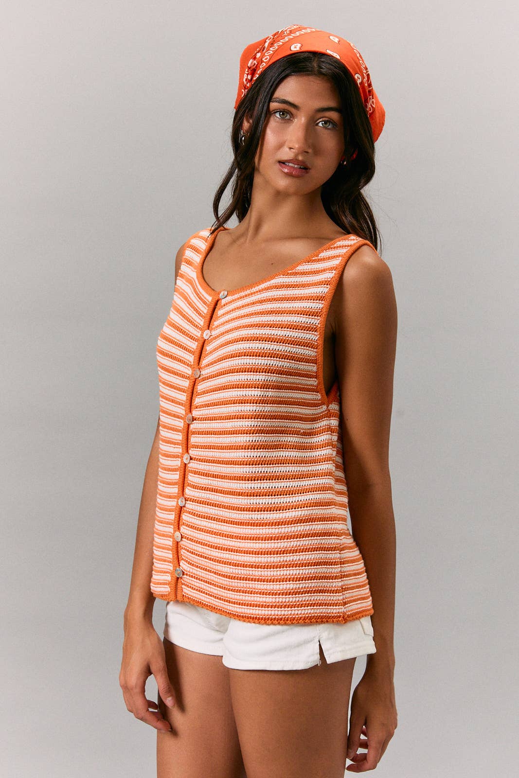 BOAT NECK SLEEVELESS BUTTON FRONT CROCHET EFFECT TOP