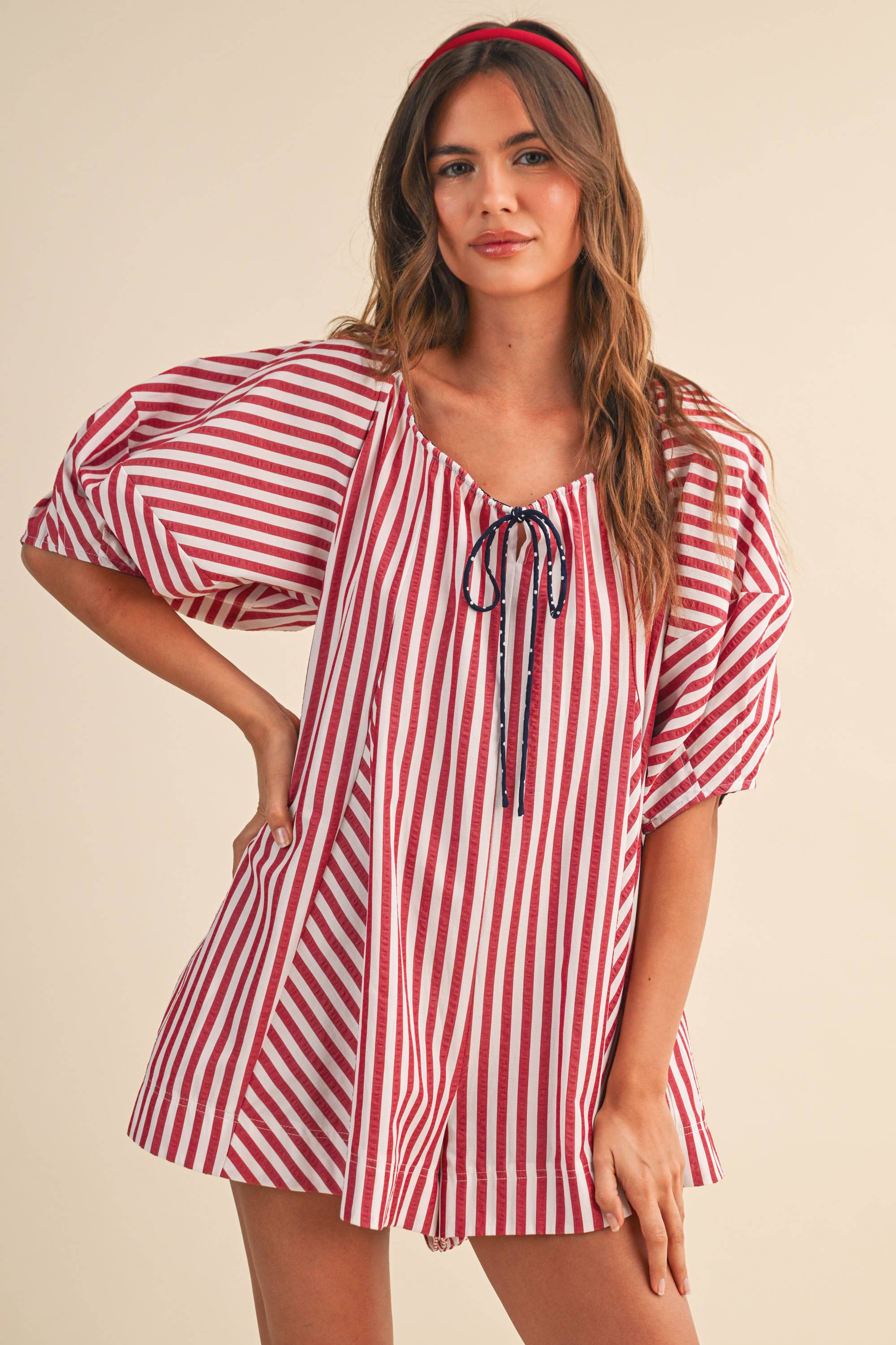 IR2141-K AMERICAN STRIPED OVERSIZED SCOOPNECK PUFF SLEEVE RO