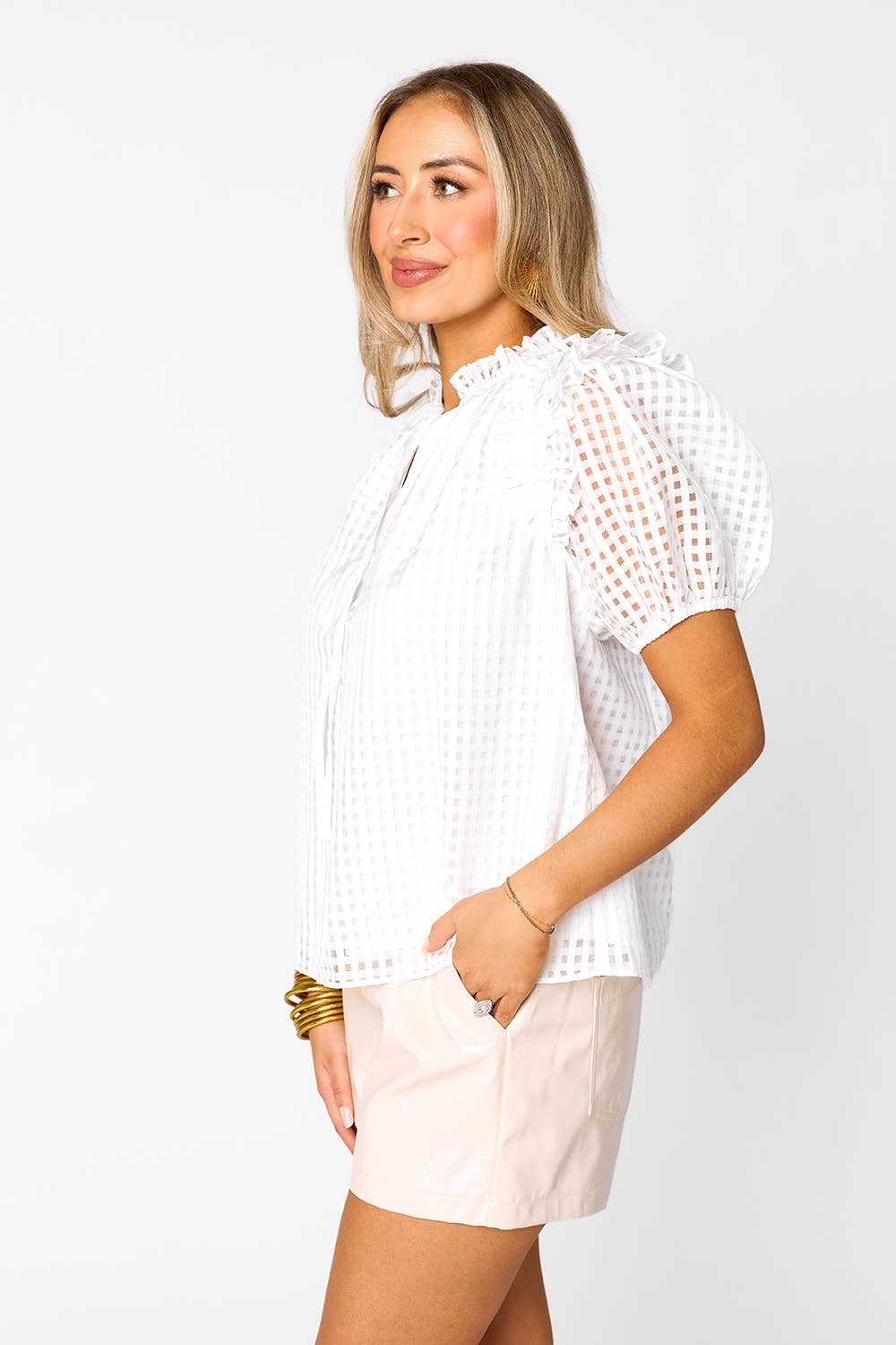 Essie White Ruffle Puff Sleeve Top