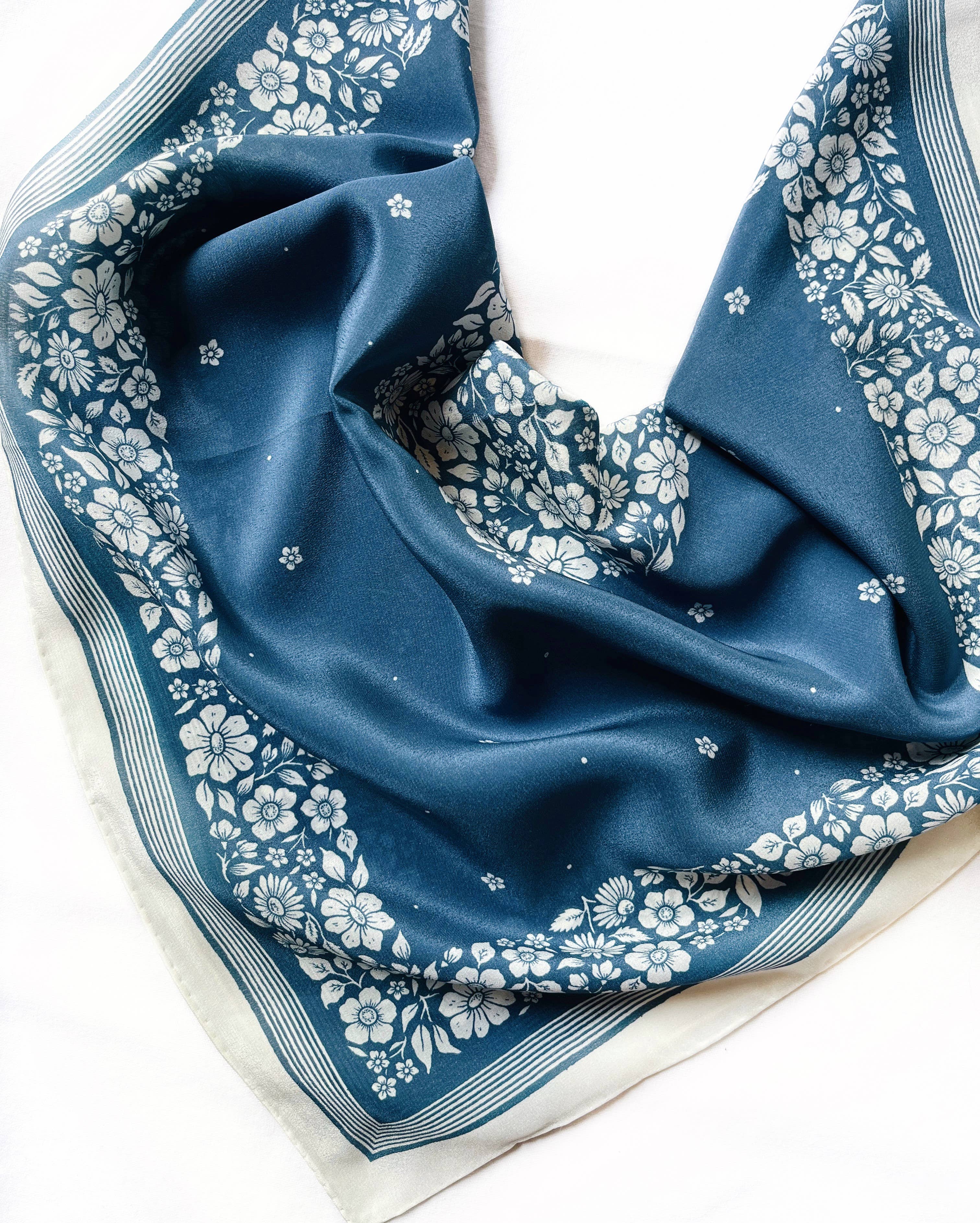 Santorini Floral China Blue - 100% Silk Bandana Scarf -