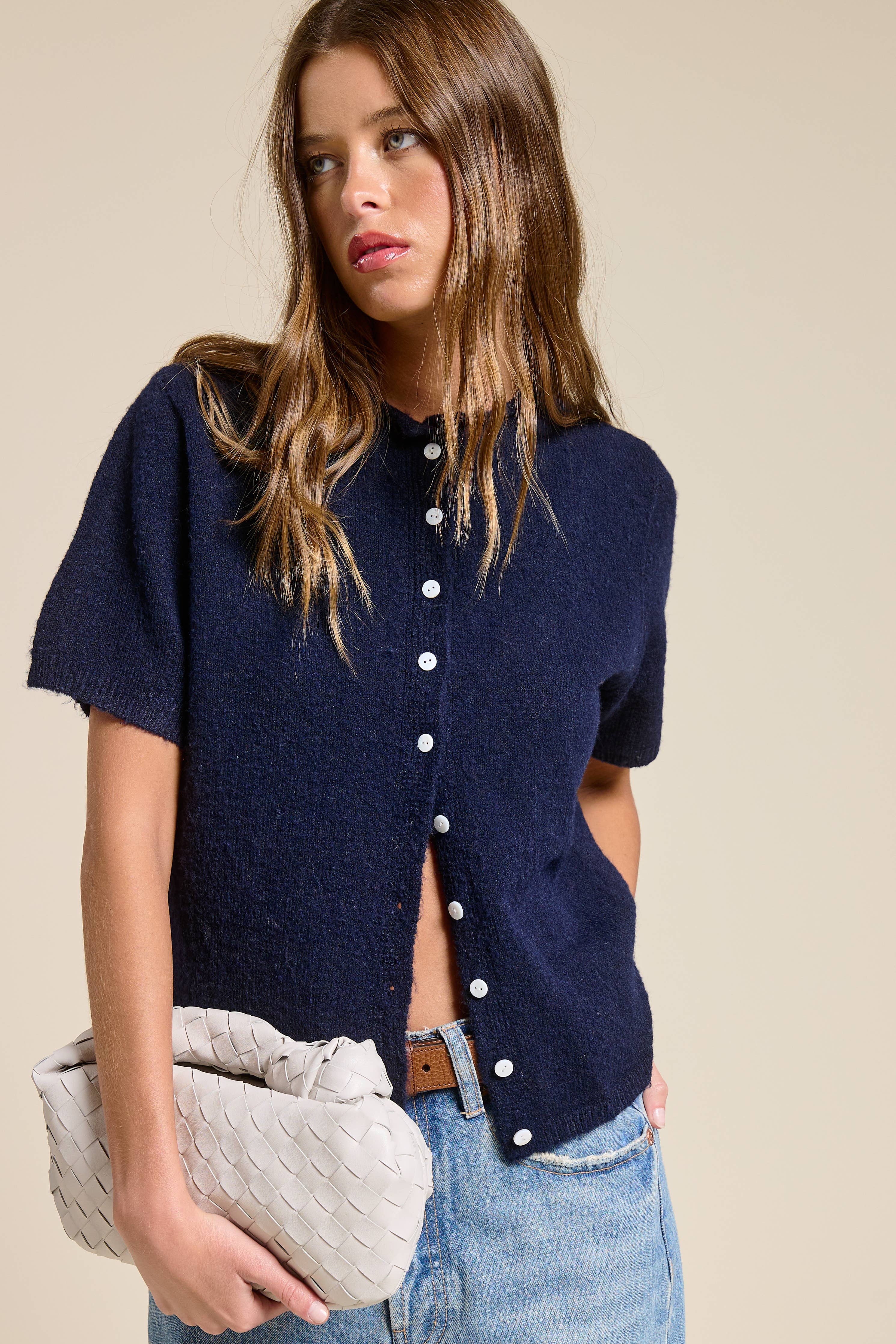 Short Sleeve Button Down Cardigan Top