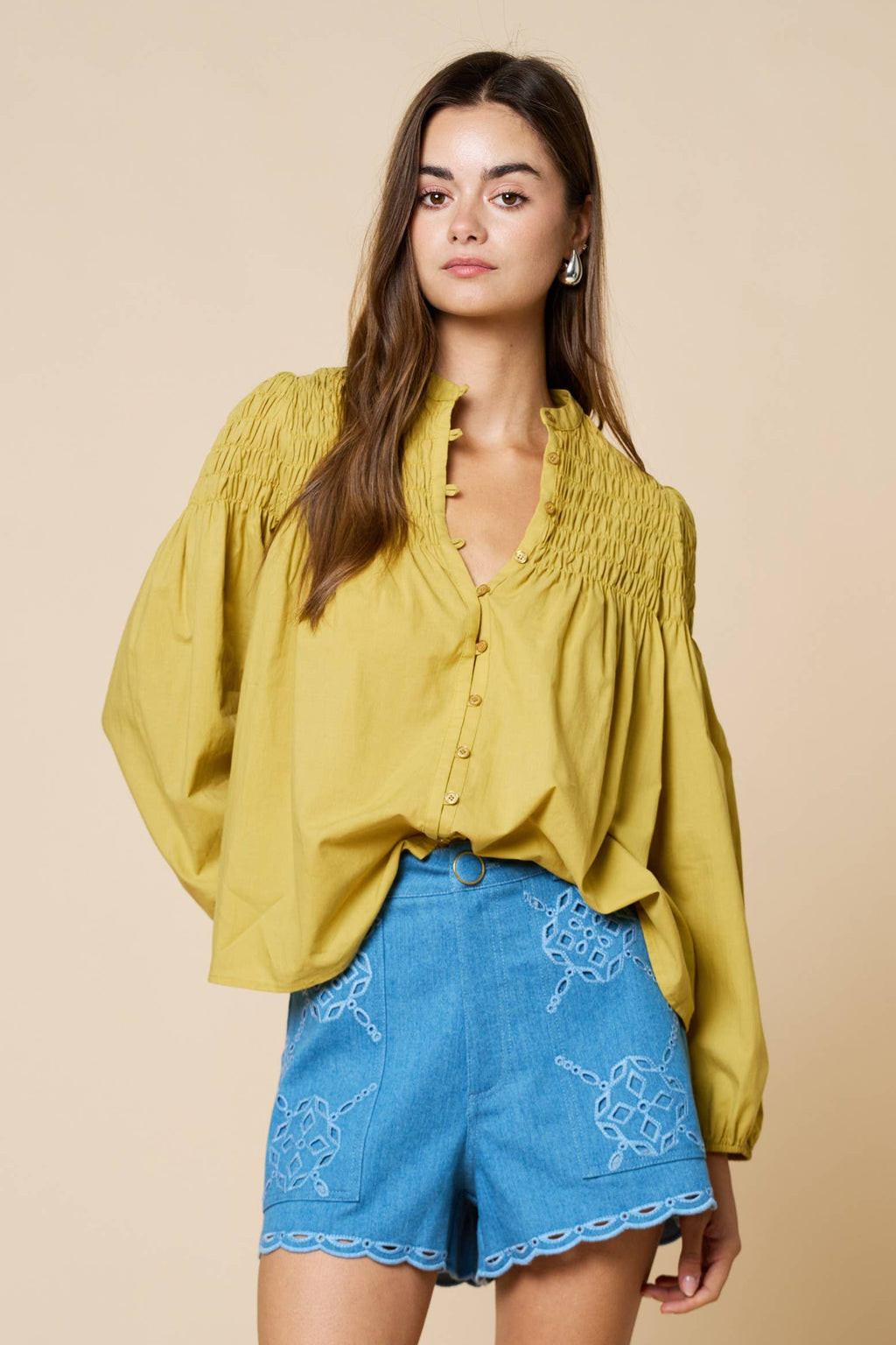 Smocked Bubble Sleeve Button Down Blouse