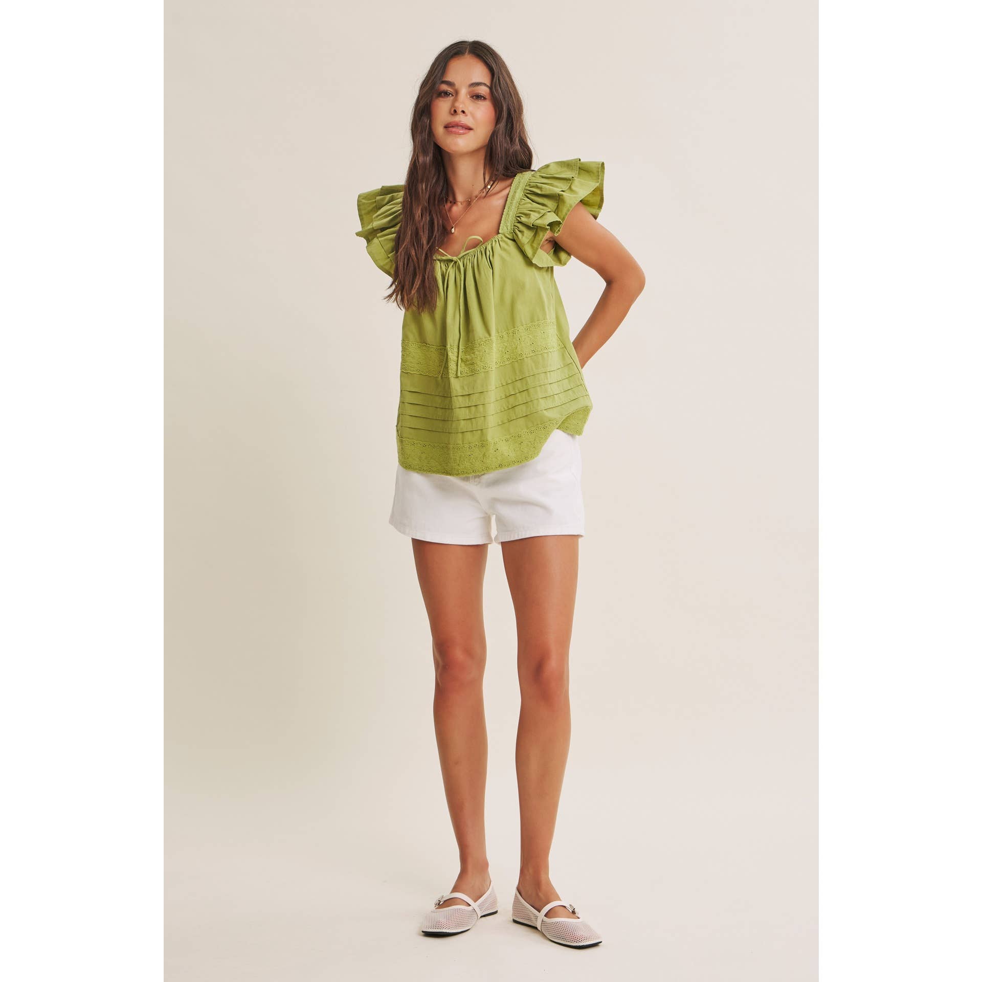AFTERNOON TEA COTTON POPLIN RELAXED DRAPE RUFFLE BLOUSE TOP
