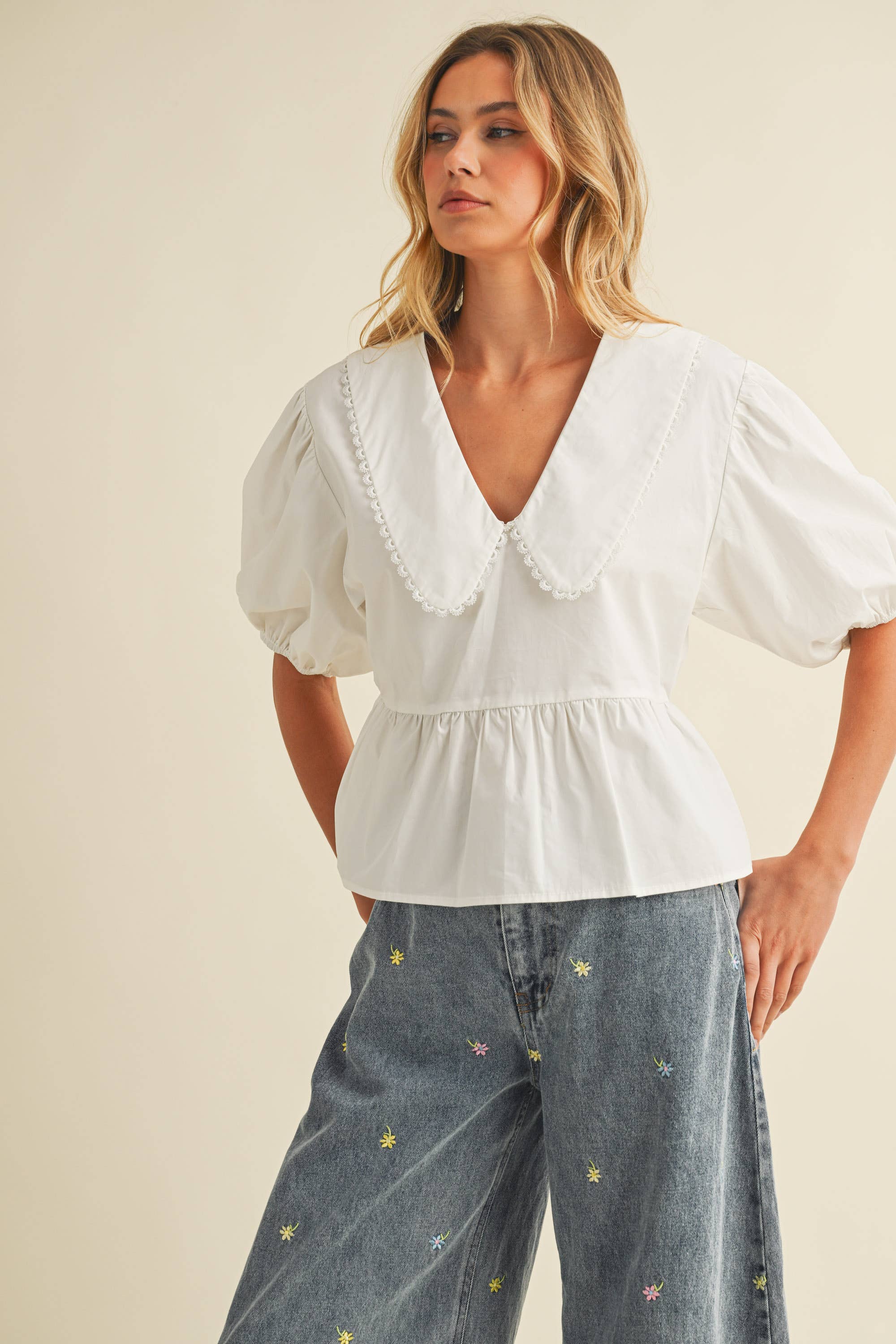 PUFF SLEEVES OVERSIZED COLLAR TOP BLOUSE