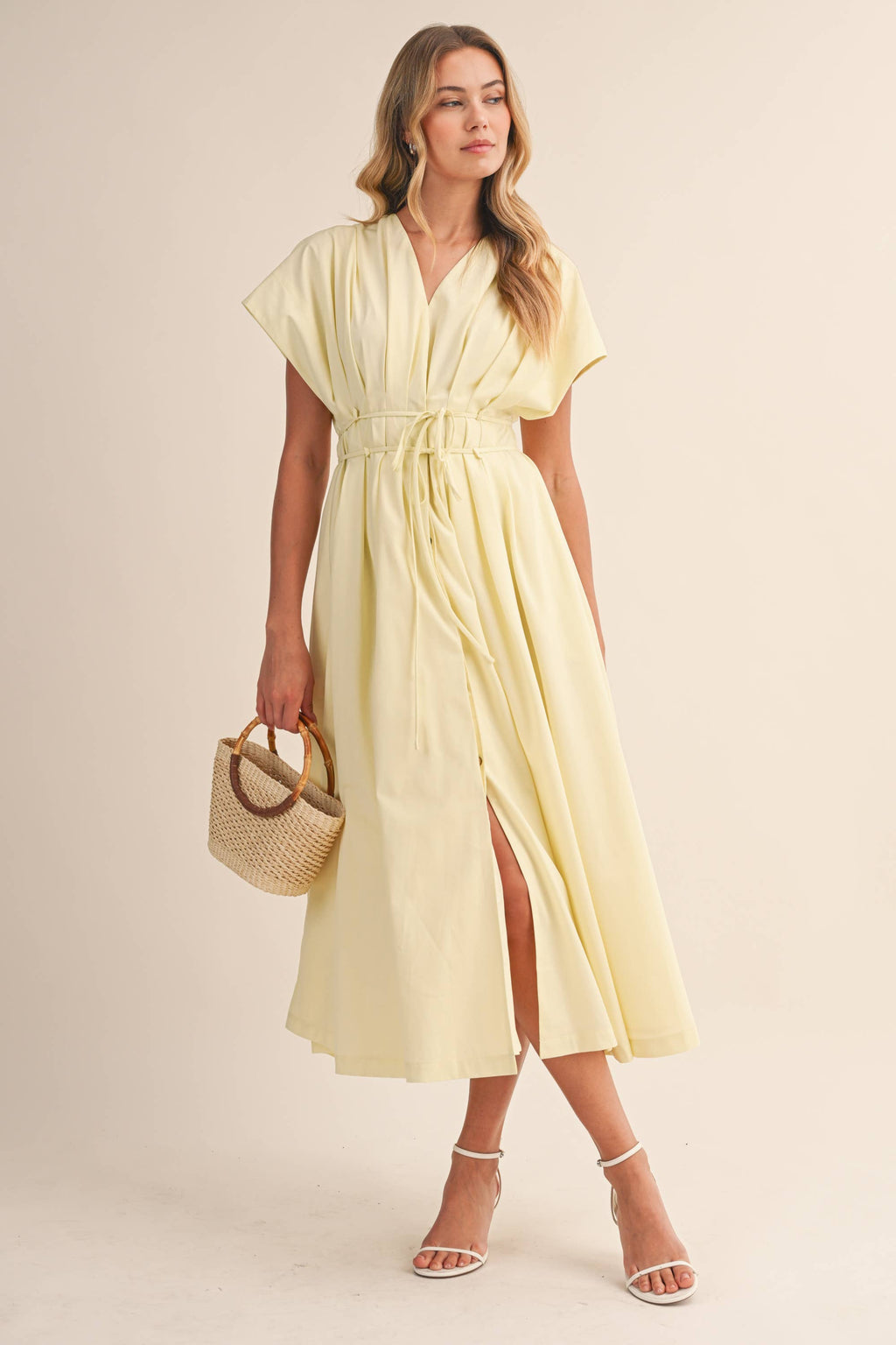 IDA1035 POPLIN SHORT SLV PLEATED DETAIL BELTED MAXI DRESS