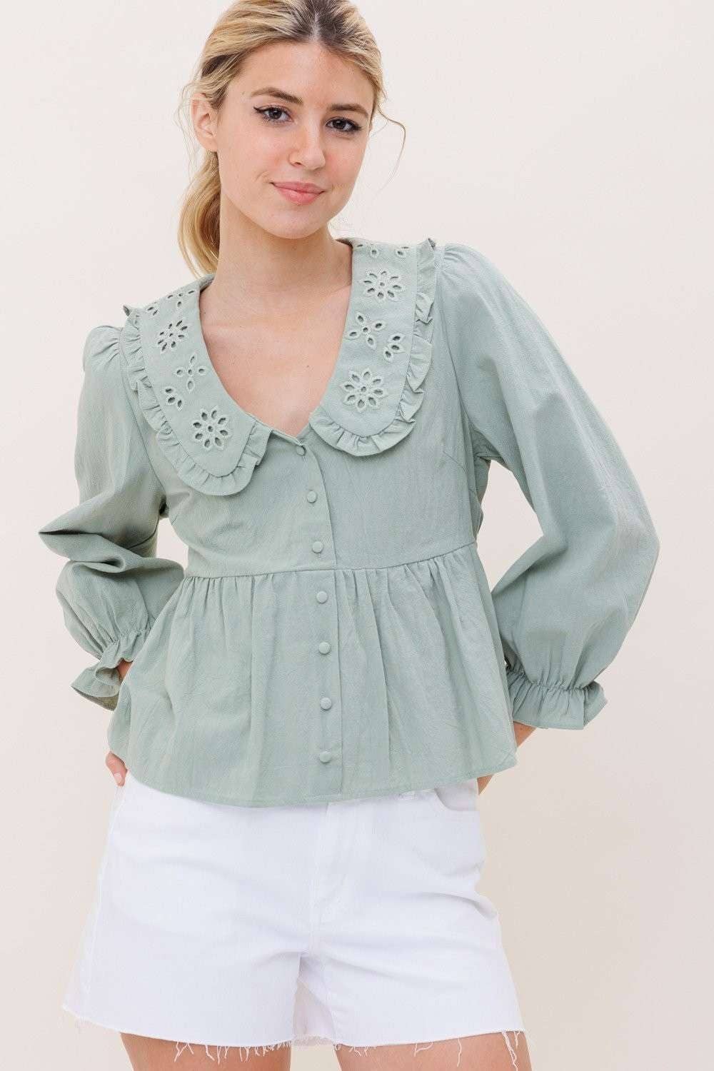 Ethel 3/4th Sleeve Top with Collar and Buttons